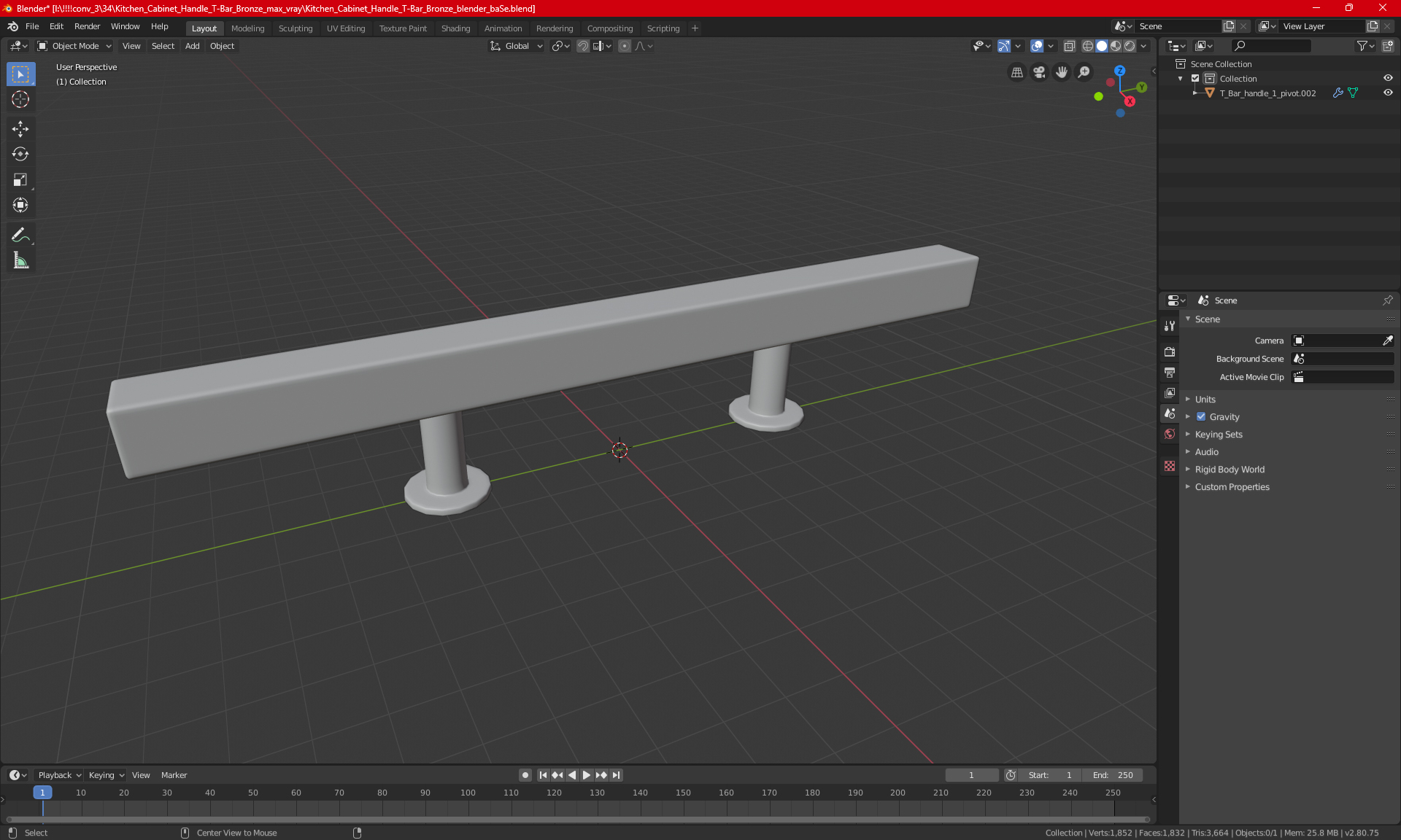 3D model Kitchen Cabinet Handle T-Bar Silver