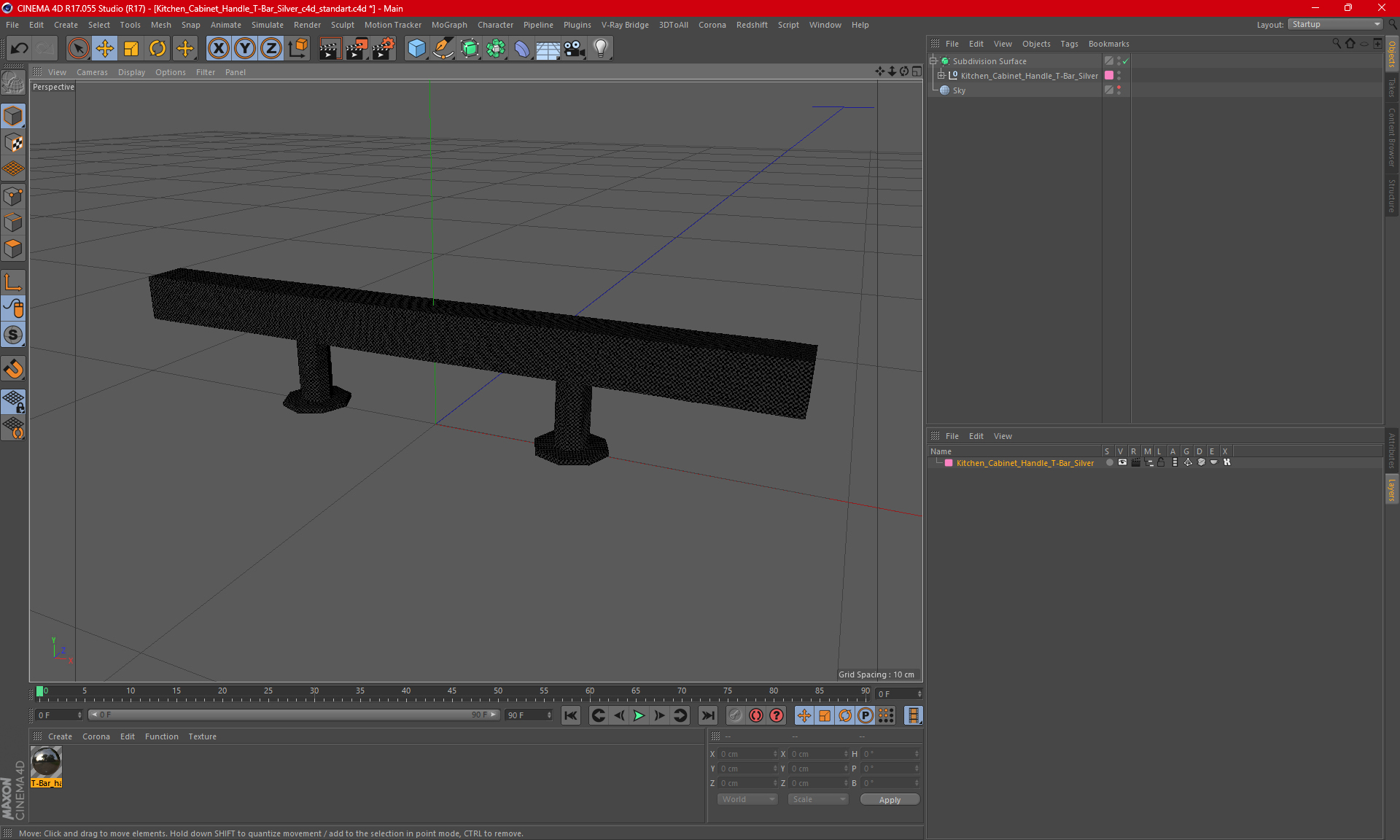 3D model Kitchen Cabinet Handle T-Bar Silver
