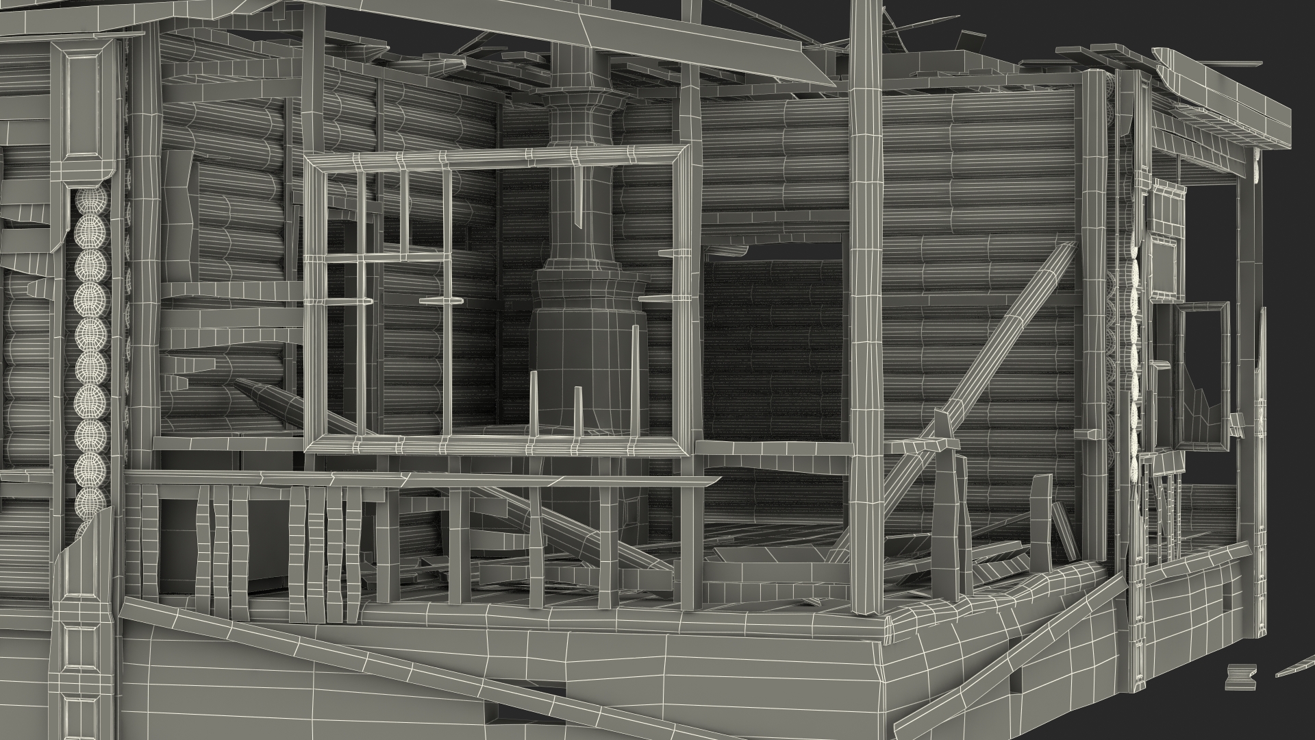 Burnt Wooden House Green Without Roof 3D