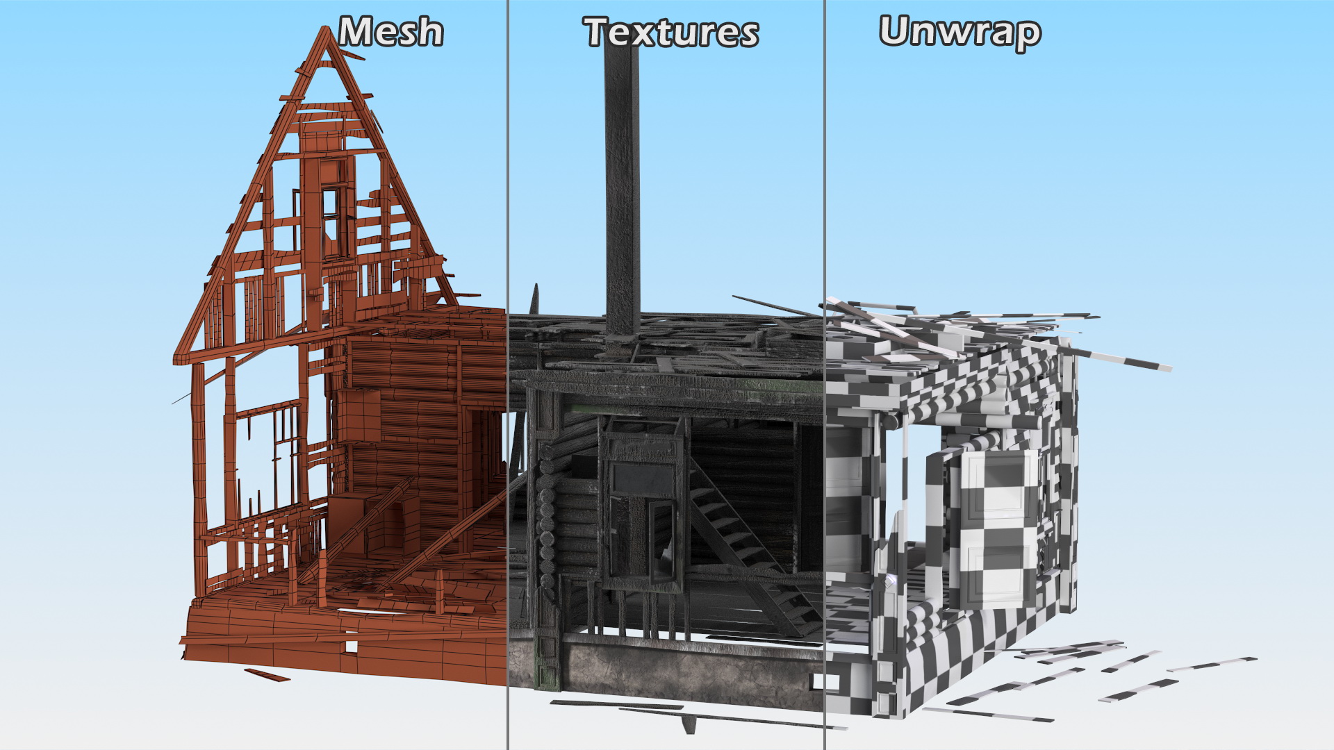 Burnt Wooden House Green Without Roof 3D