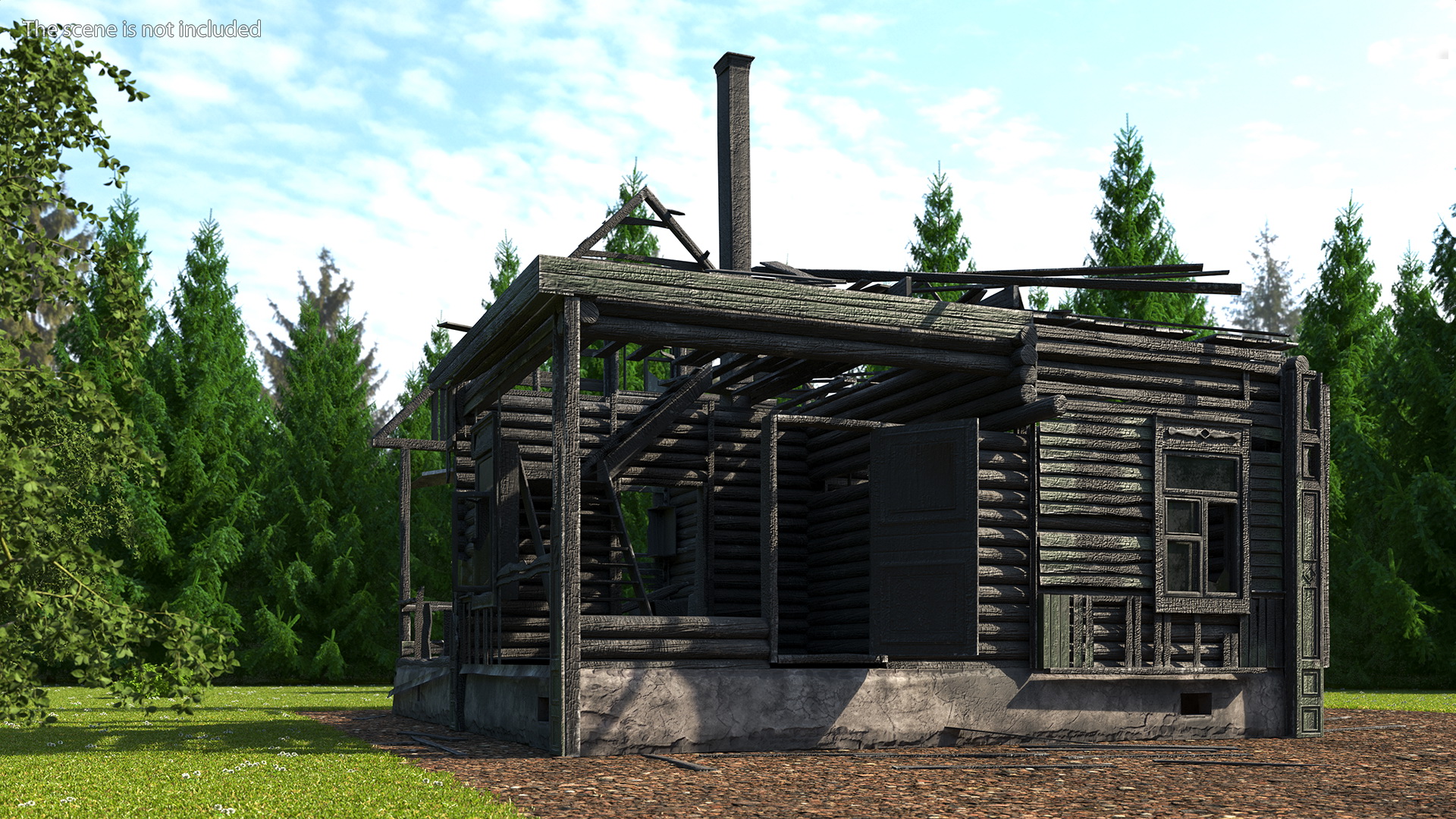 Burnt Wooden House Green Without Roof 3D