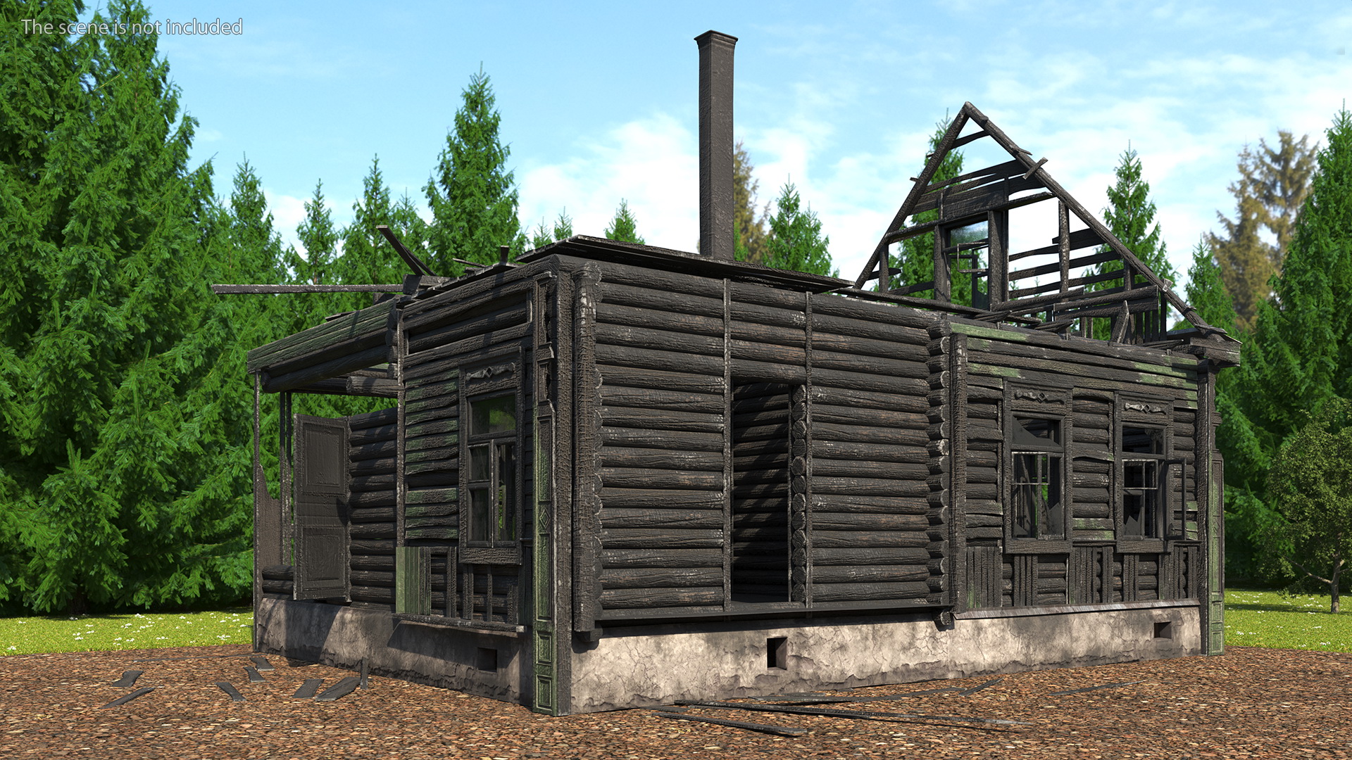 Burnt Wooden House Green Without Roof 3D