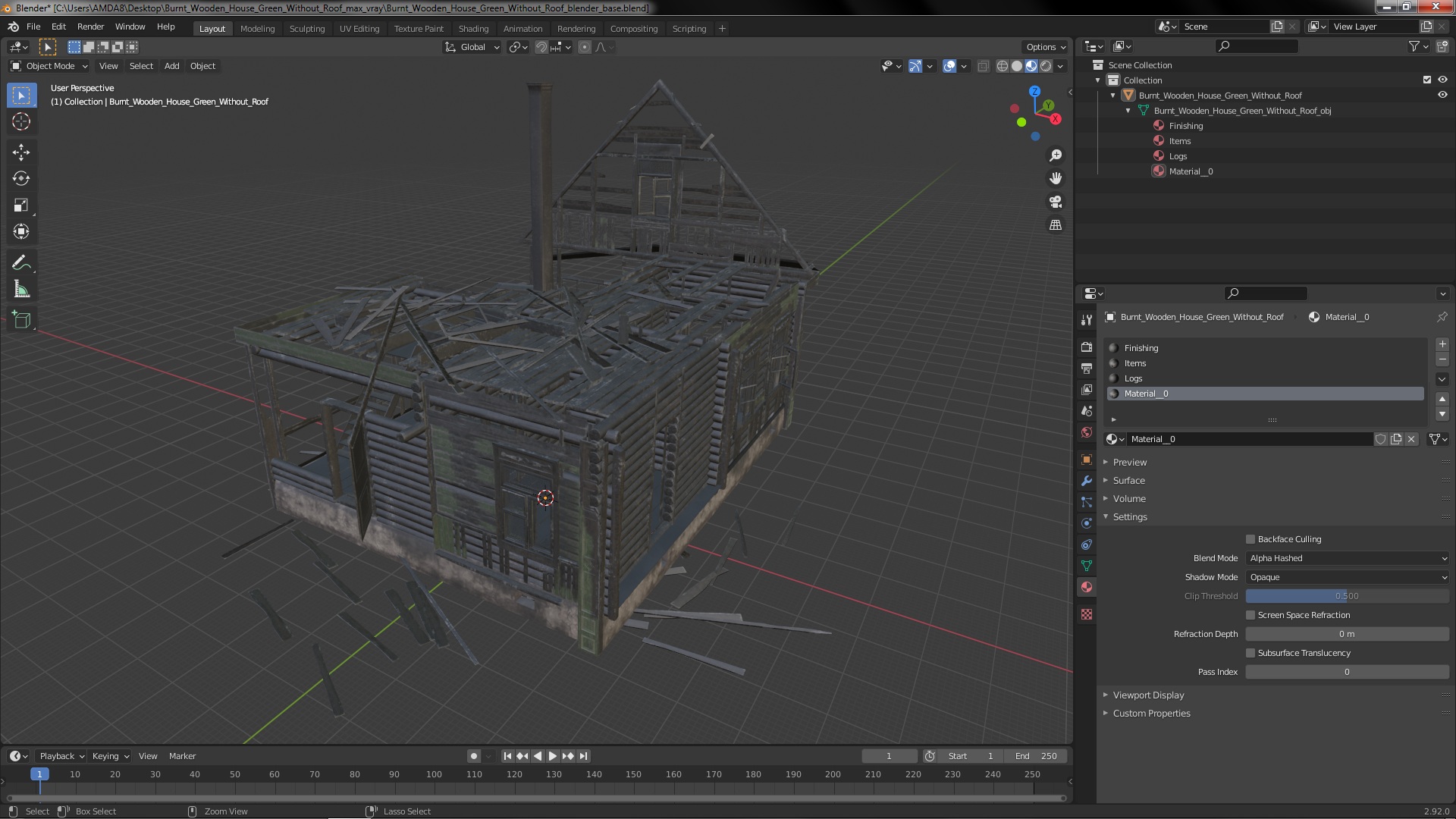 Burnt Wooden House Green Without Roof 3D