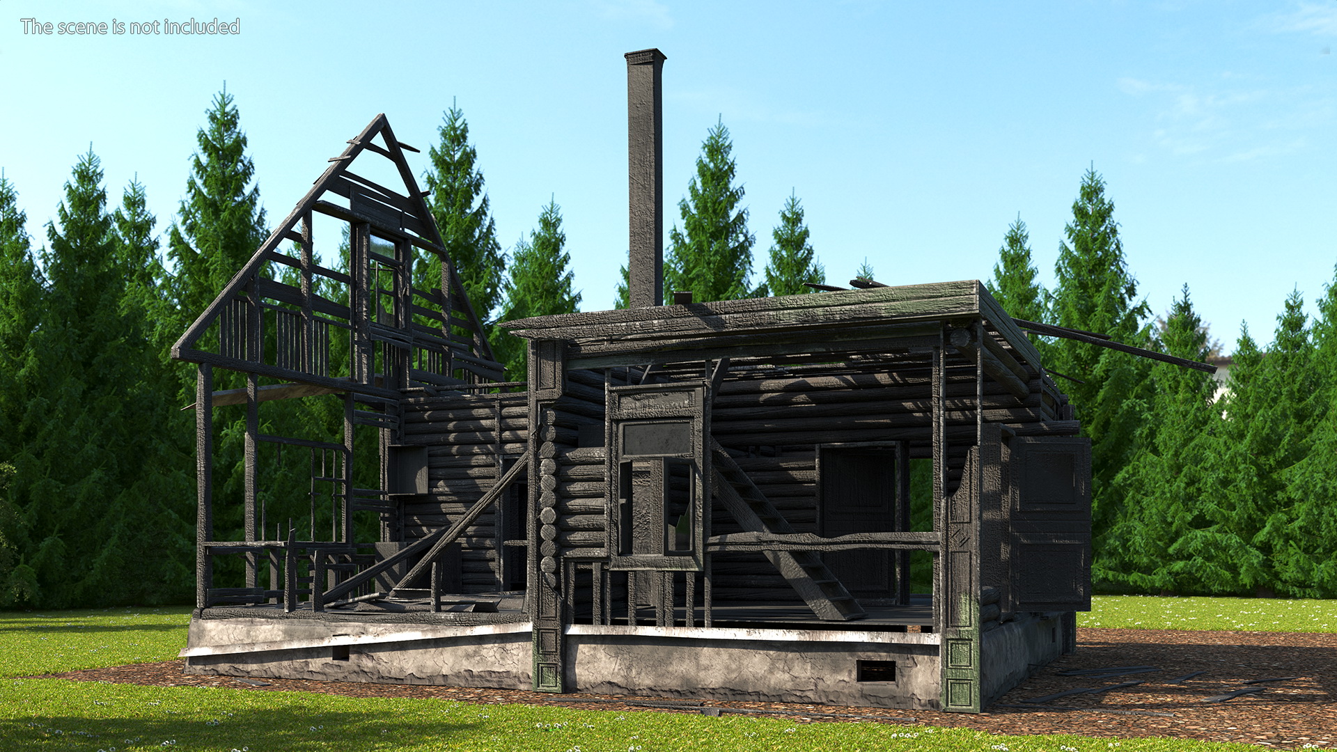Burnt Wooden House Green Without Roof 3D