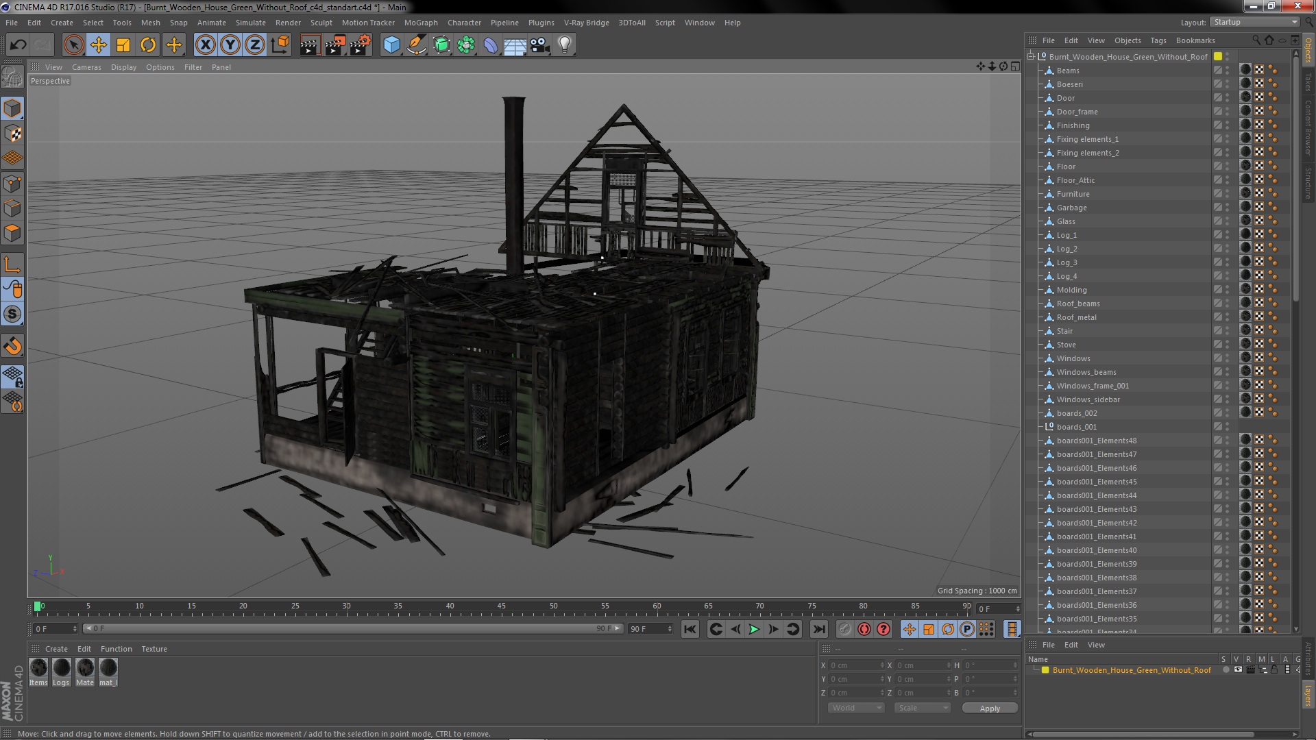 Burnt Wooden House Green Without Roof 3D