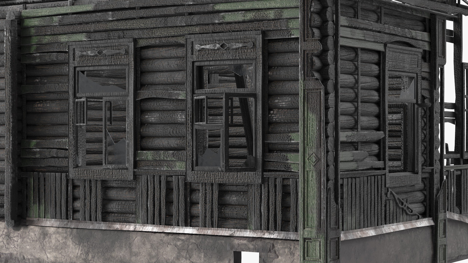 Burnt Wooden House Green Without Roof 3D