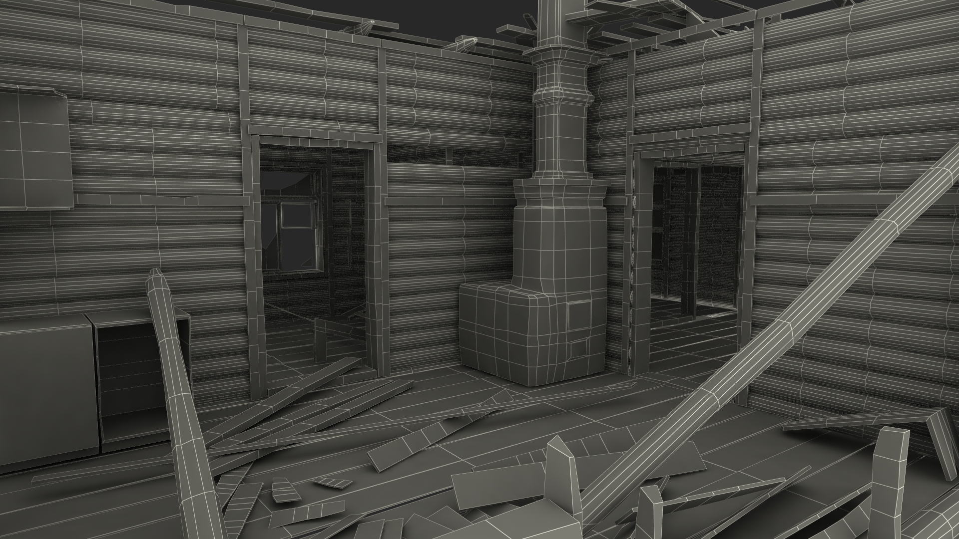 Burnt Wooden House Green Without Roof 3D