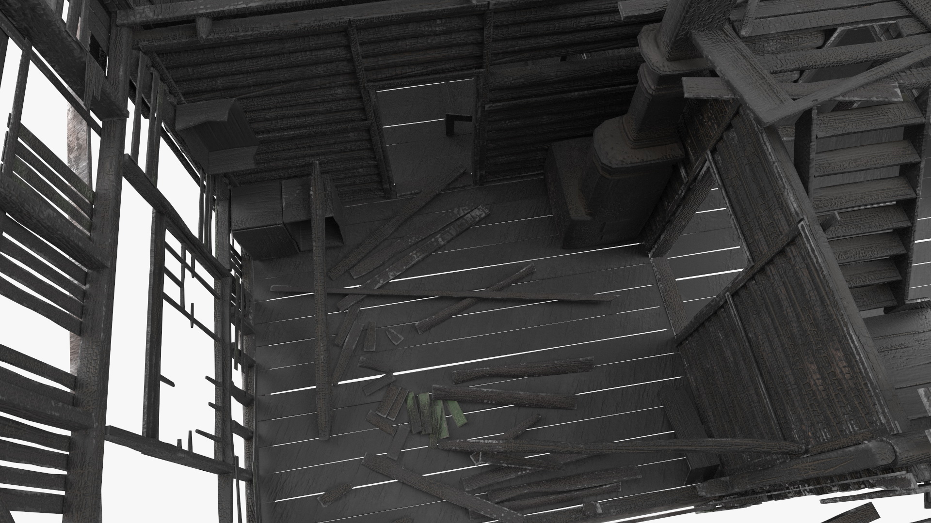 Burnt Wooden House Green Without Roof 3D