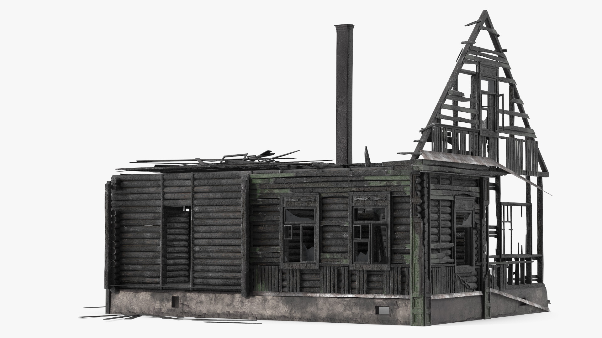 Burnt Wooden House Green Without Roof 3D