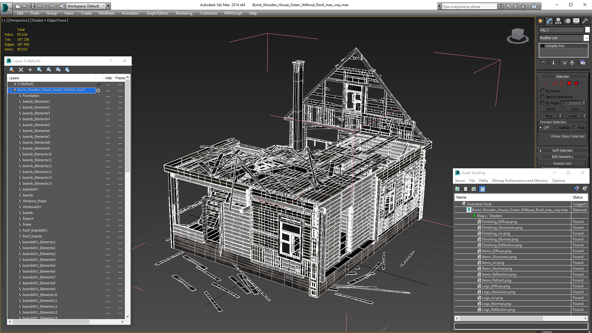 Burnt Wooden House Green Without Roof 3D