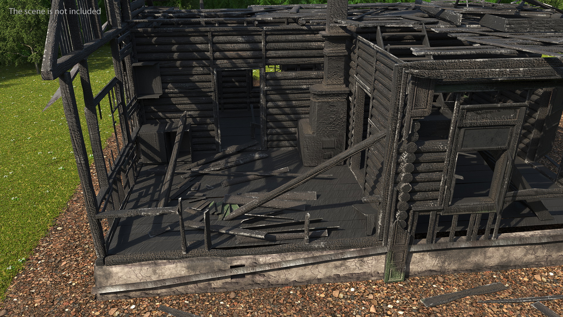 Burnt Wooden House Green Without Roof 3D