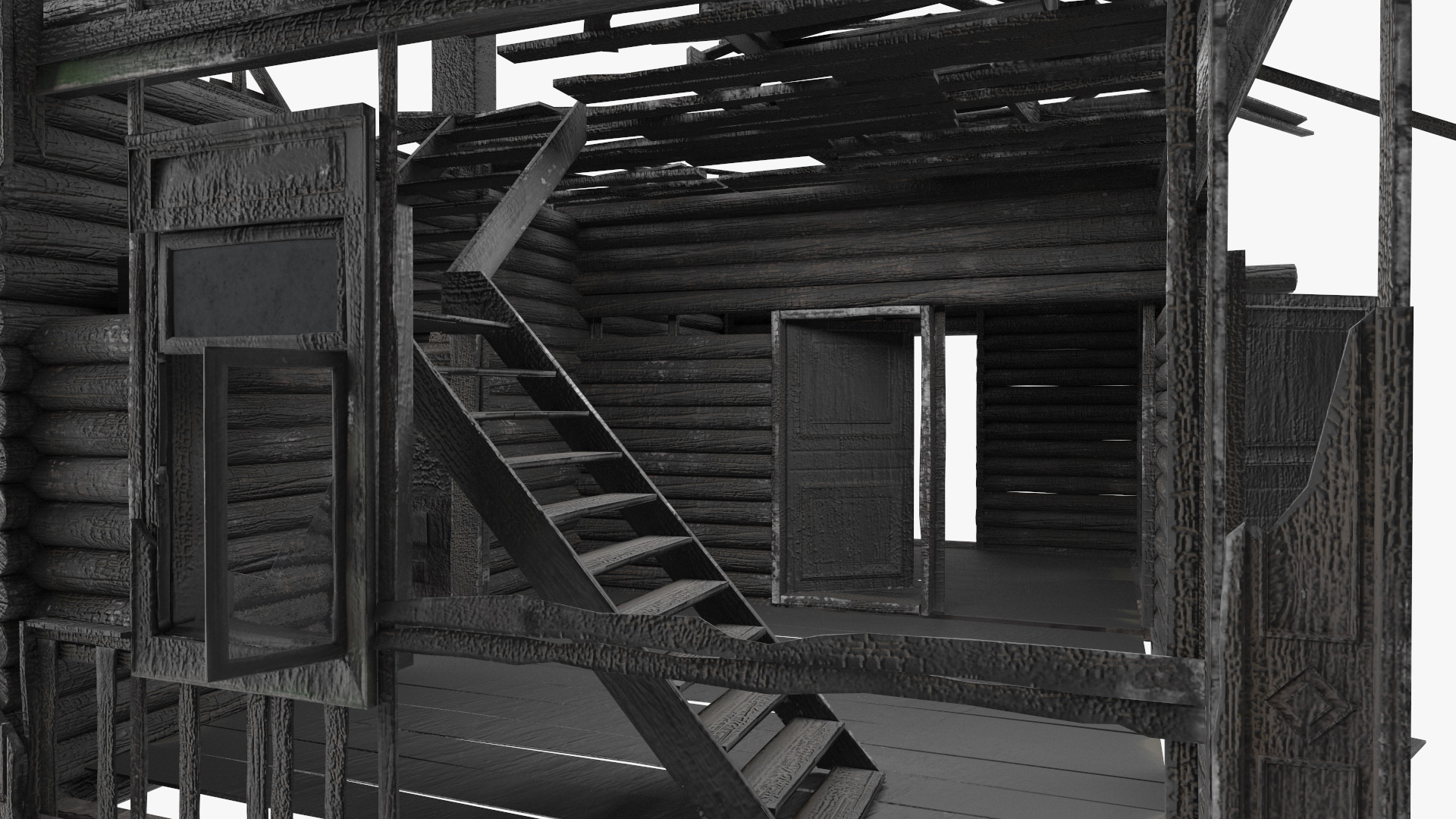 Burnt Wooden House Green Without Roof 3D
