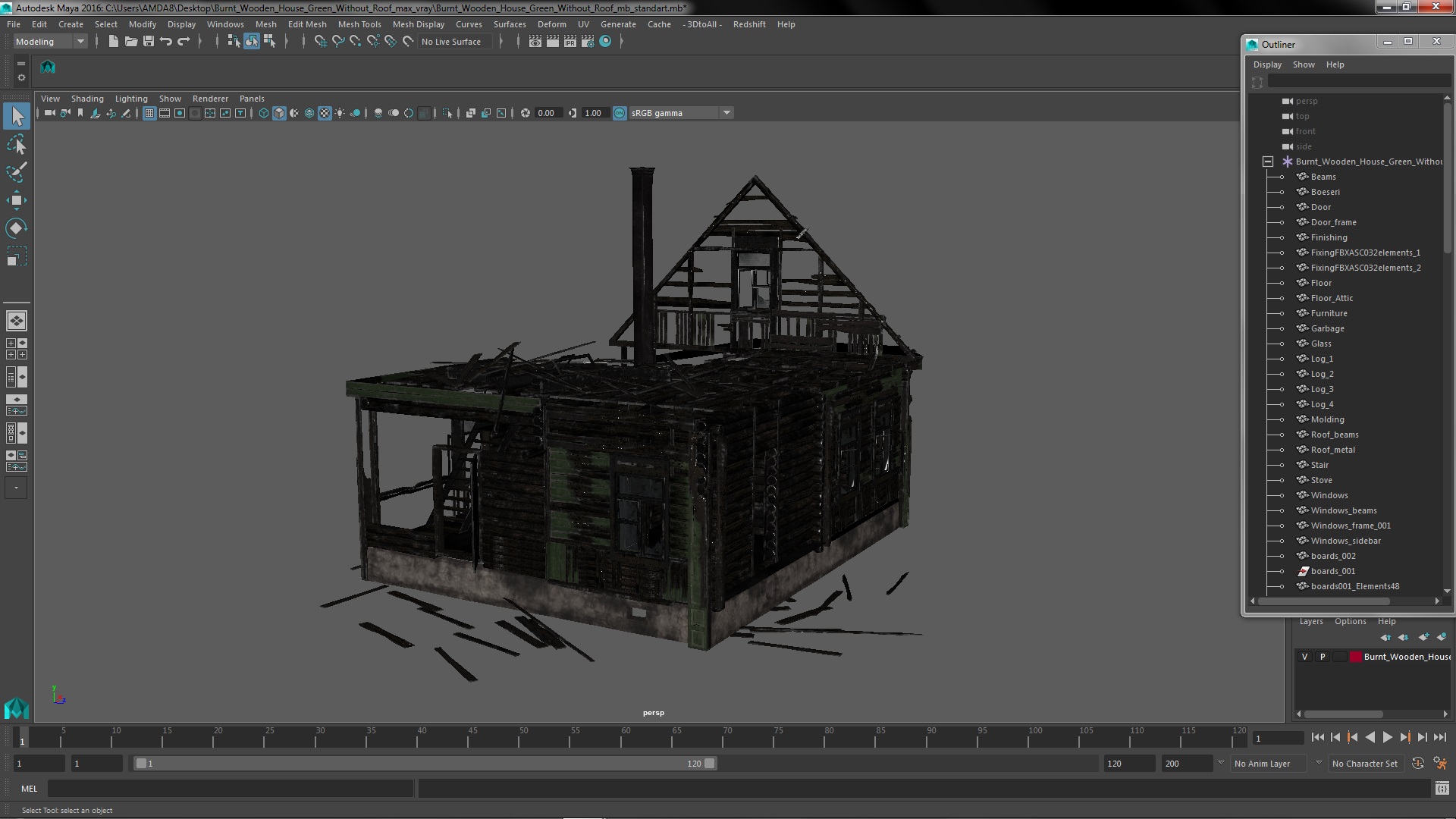 Burnt Wooden House Green Without Roof 3D