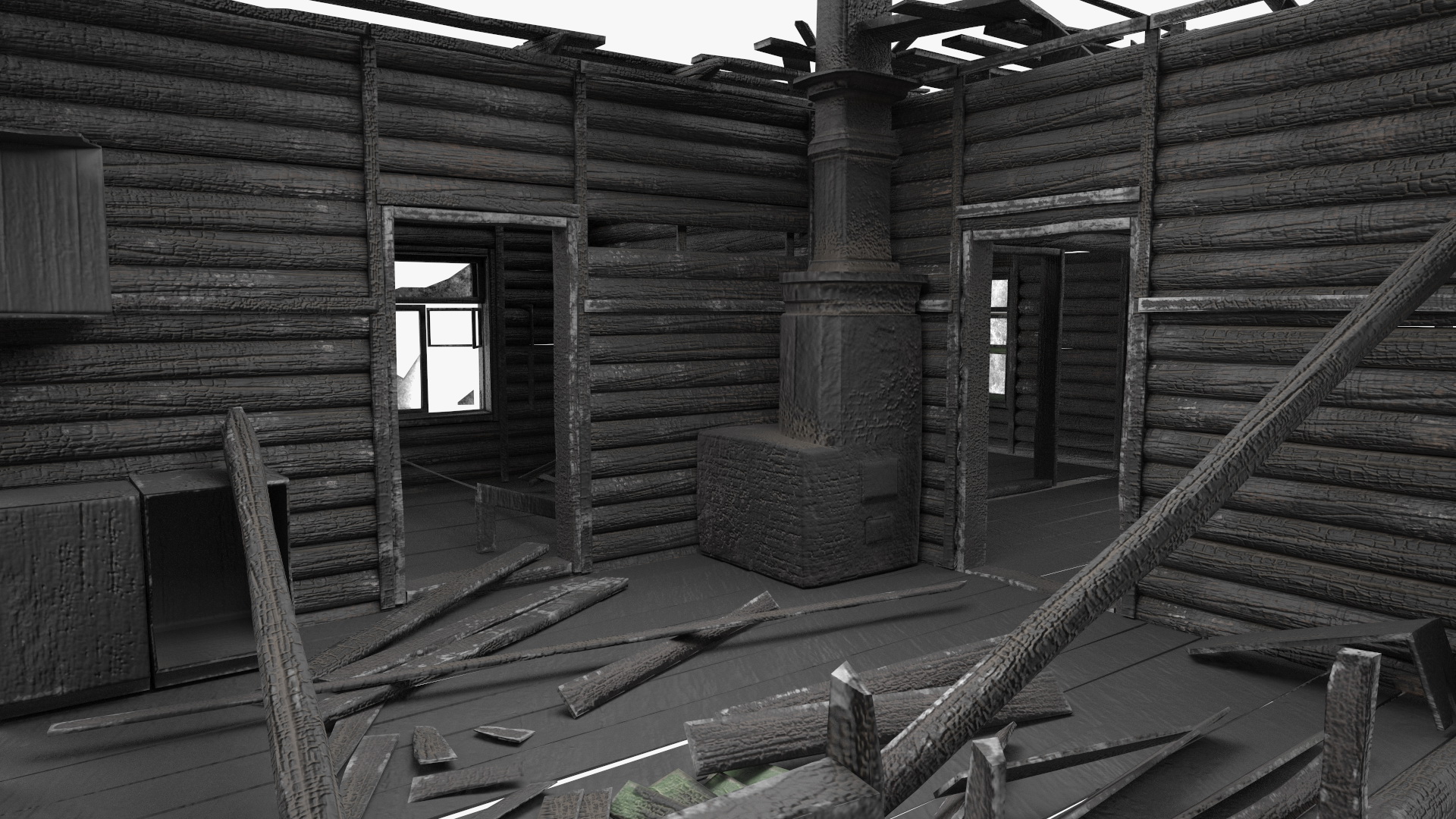Burnt Wooden House Green Without Roof 3D