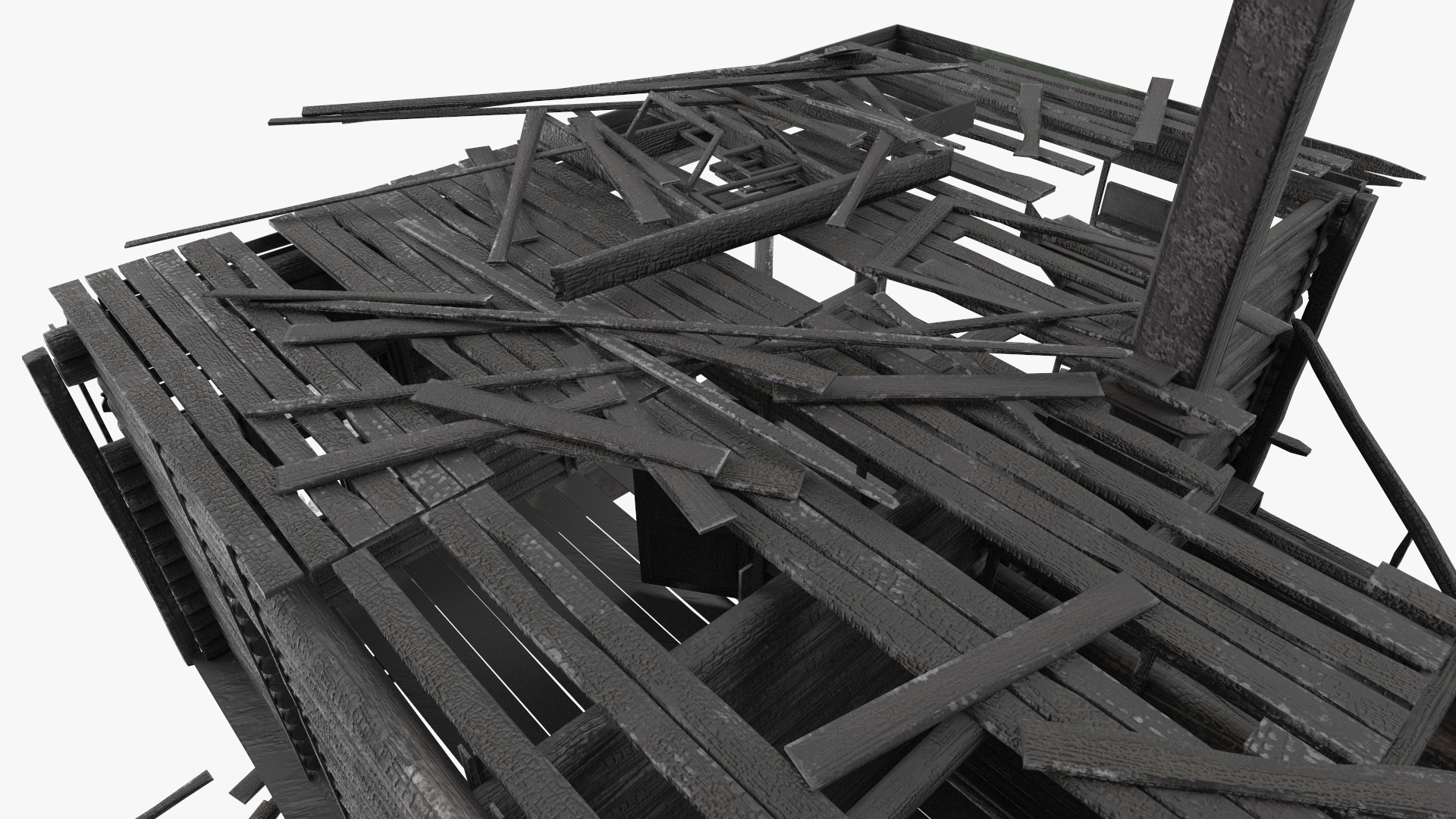 Burnt Wooden House Green Without Roof 3D