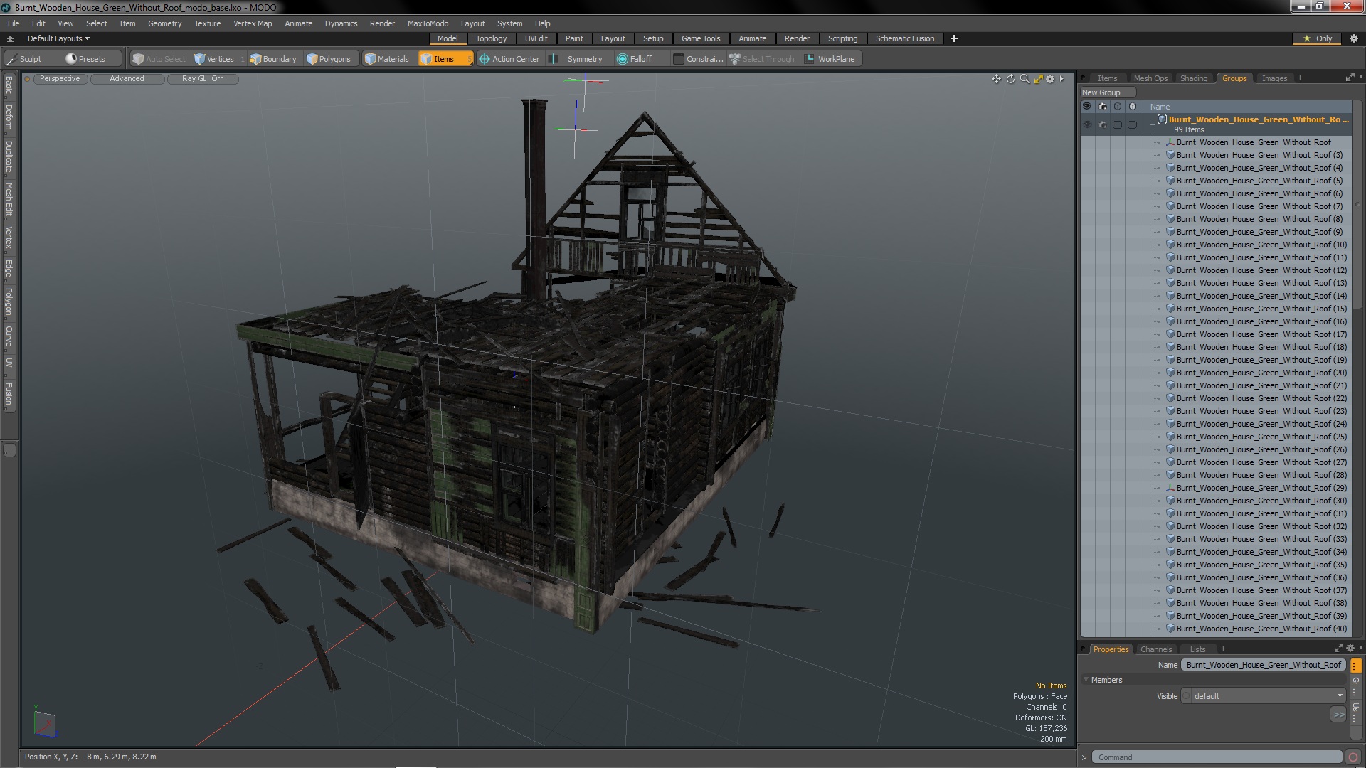 Burnt Wooden House Green Without Roof 3D