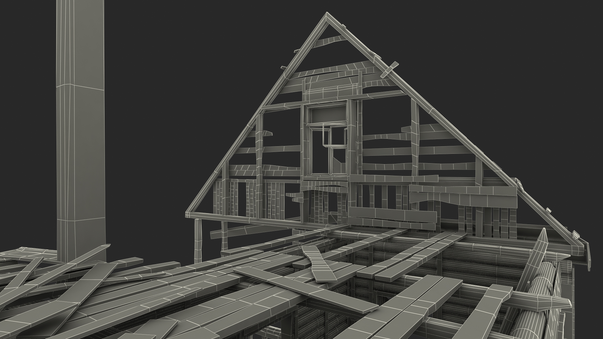 Burnt Wooden House Green Without Roof 3D