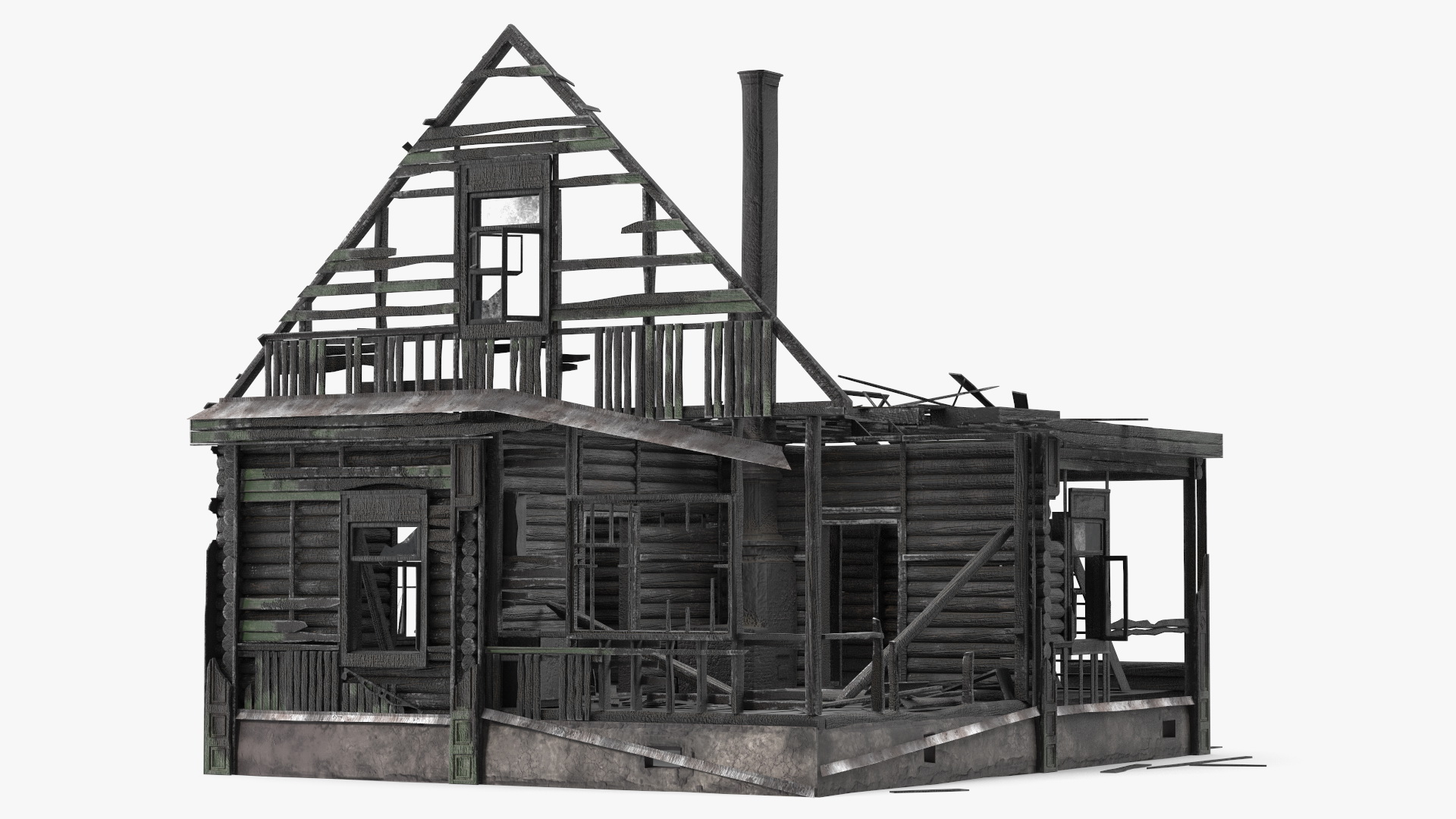 Burnt Wooden House Green Without Roof 3D