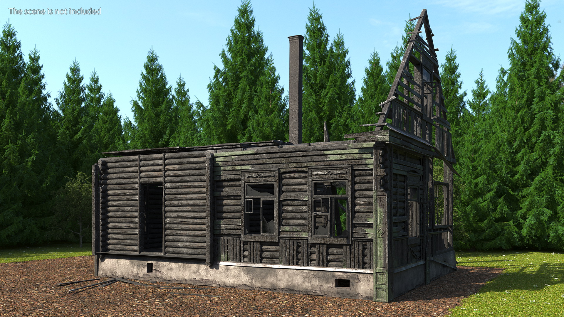 Burnt Wooden House Green Without Roof 3D