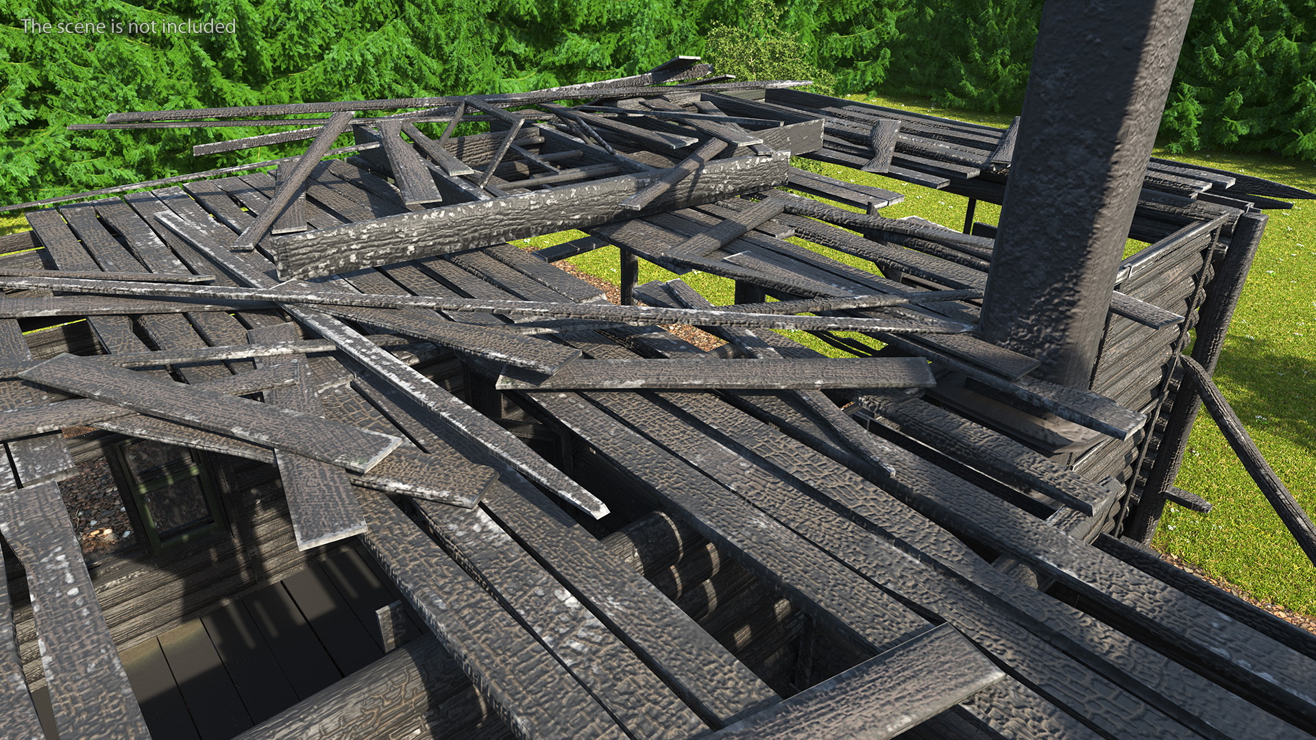 Burnt Wooden House Green Without Roof 3D