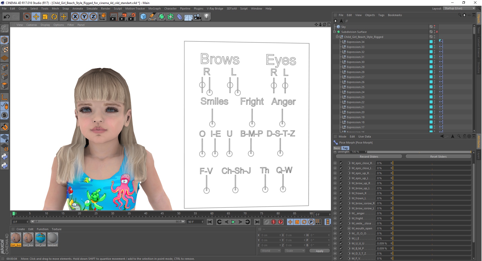 3D Child Girl Beach Style Rigged for Cinema 4D model