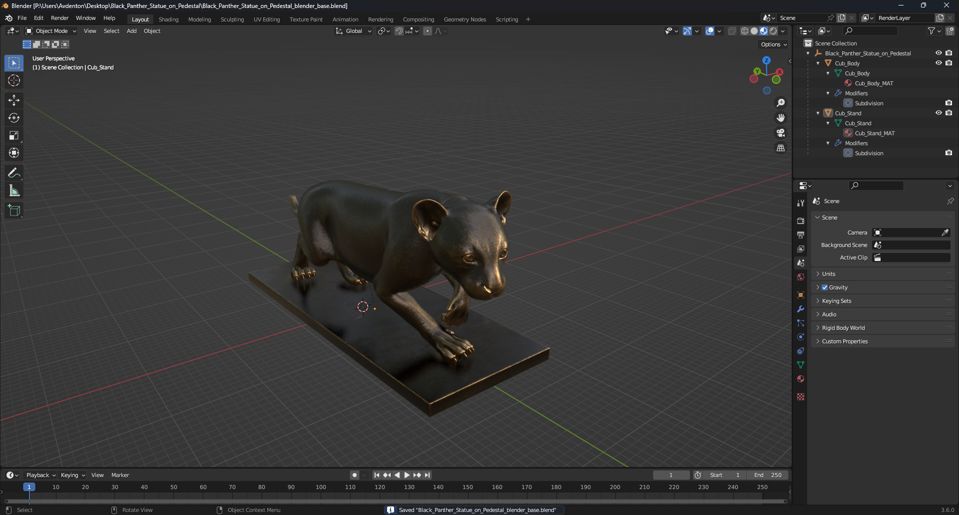 Black Panther Statue on Pedestal 3D