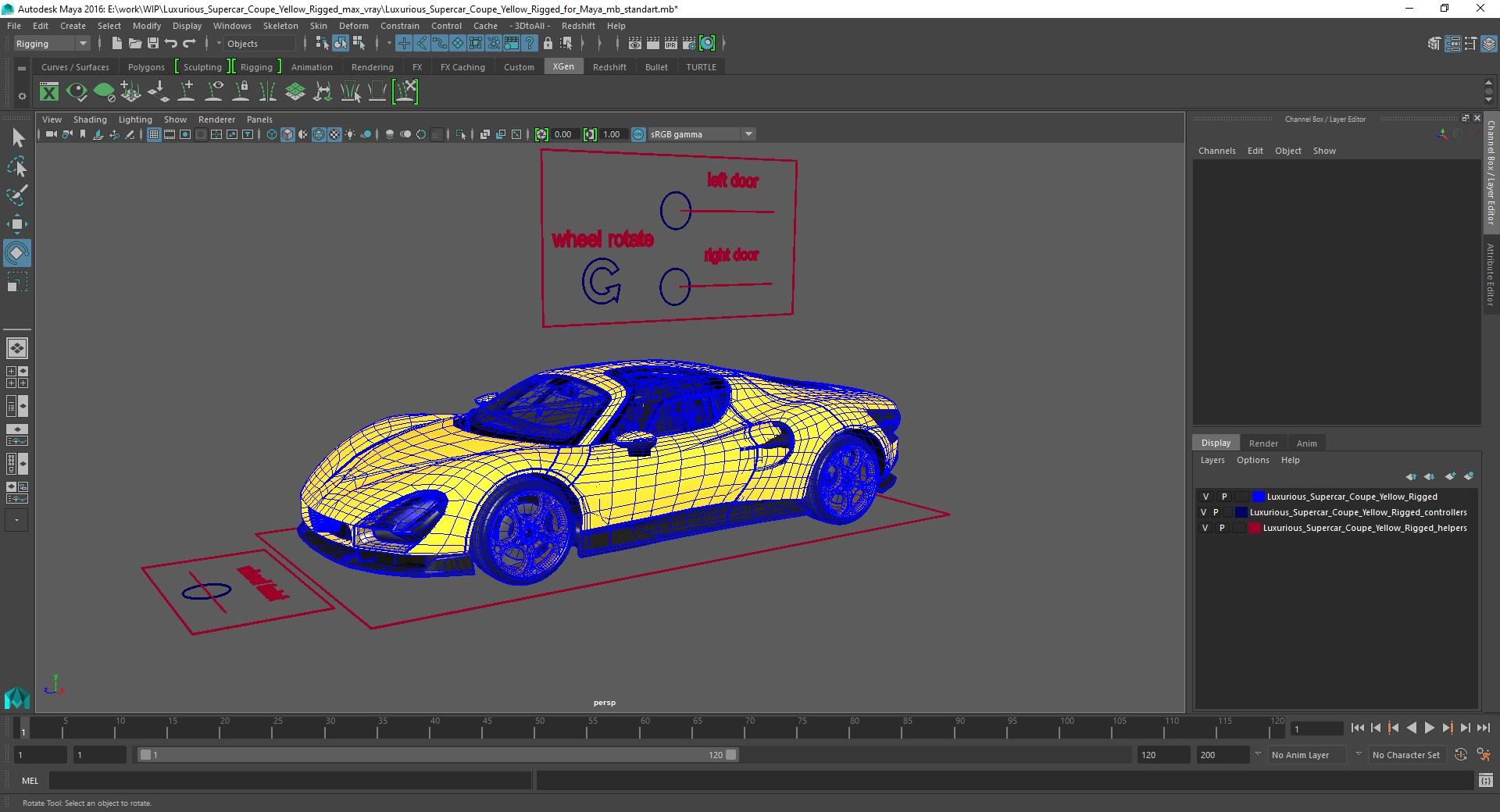 Luxurious Supercar Coupe Yellow Rigged for Maya 3D