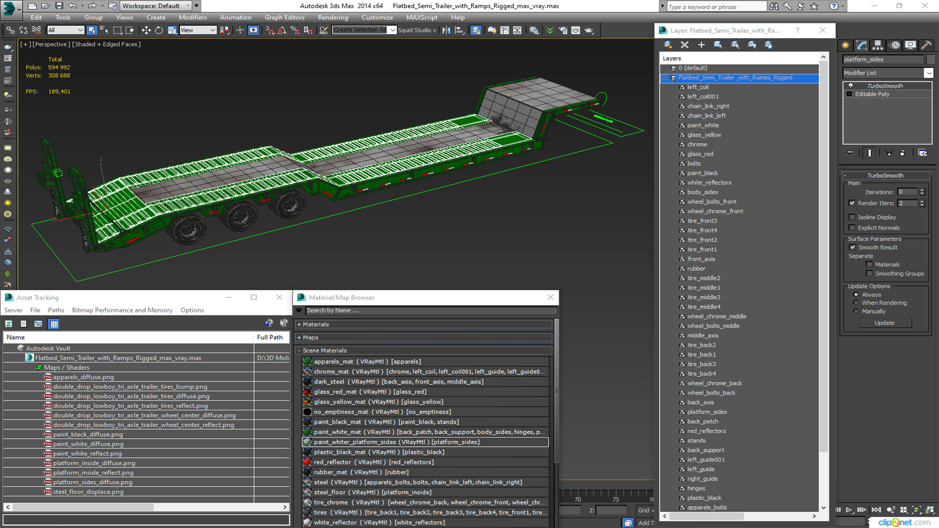 3D Flatbed Semi Trailer with Ramps Rigged model