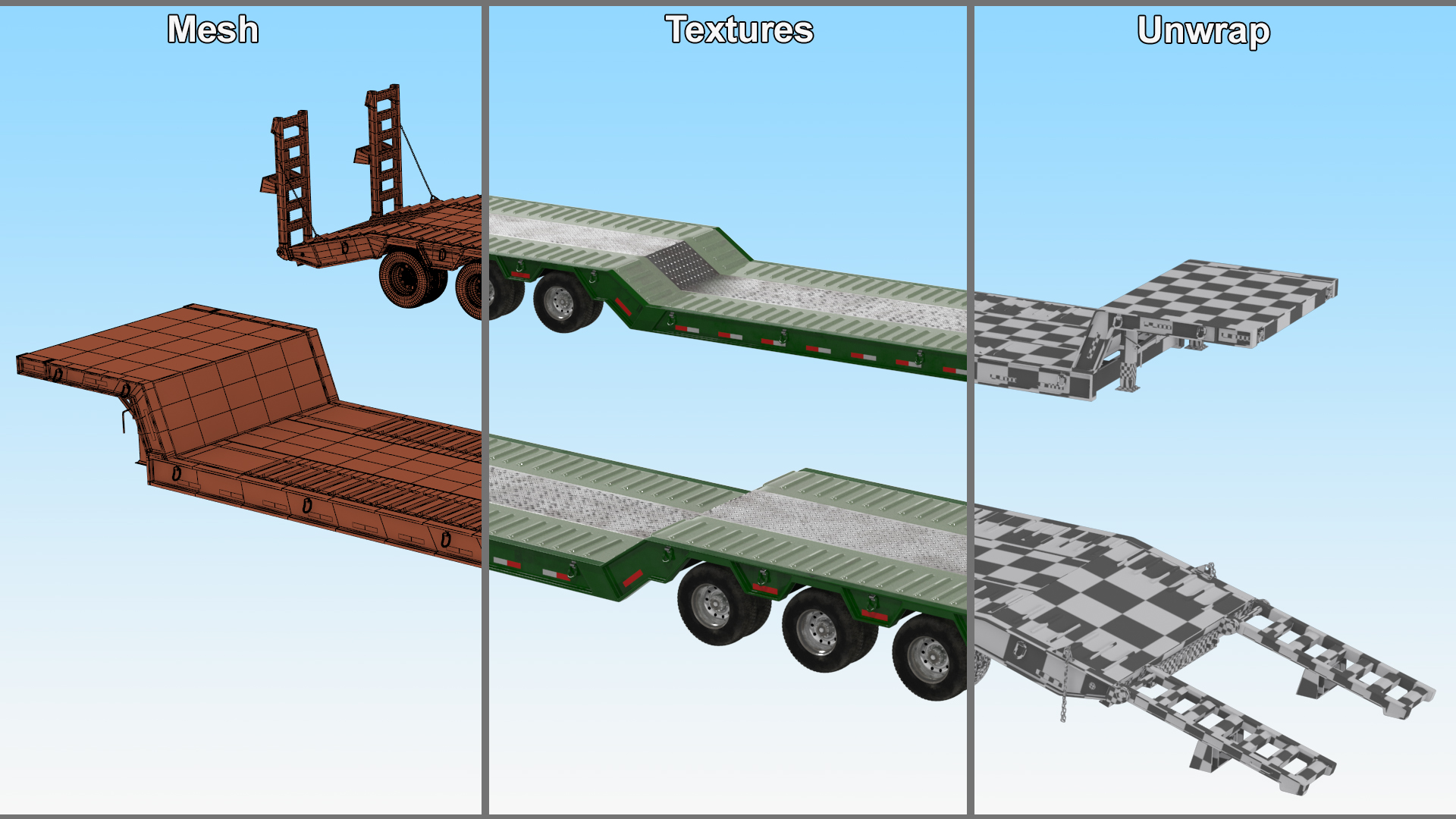 3D Flatbed Semi Trailer with Ramps Rigged model