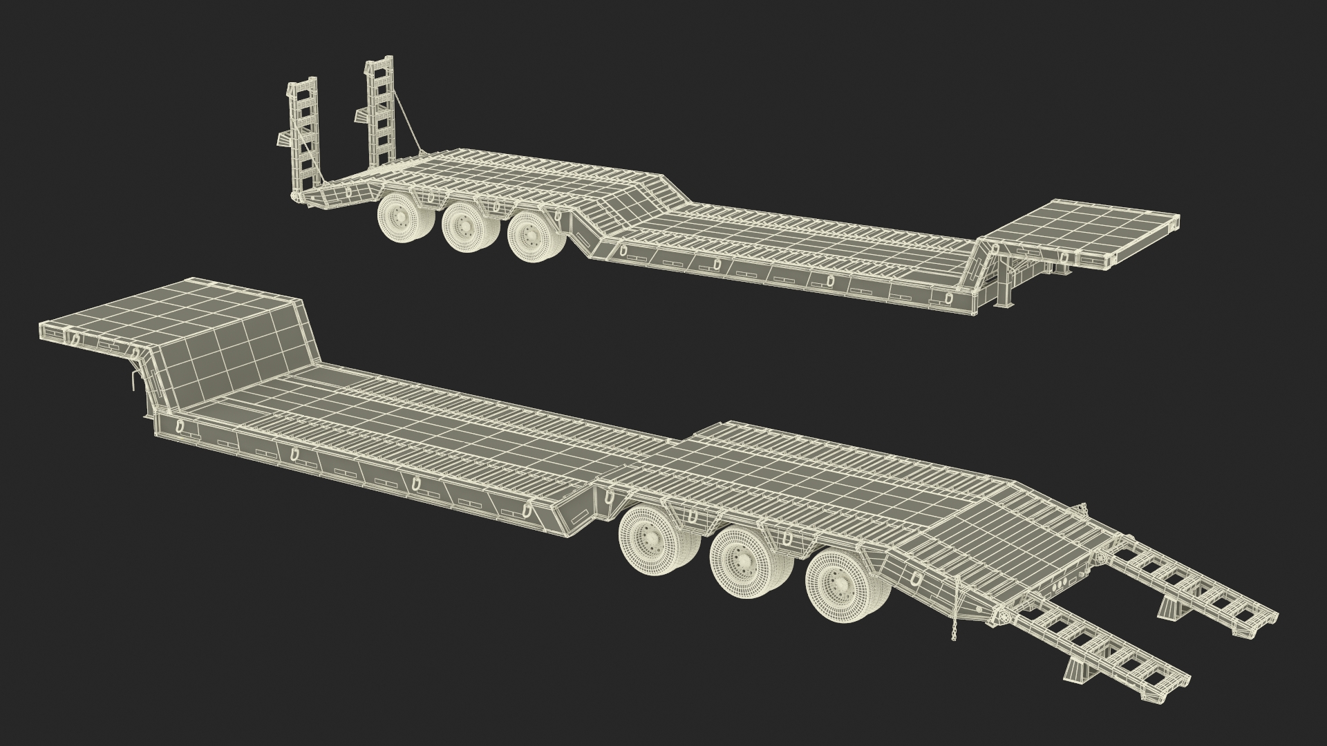 3D Flatbed Semi Trailer with Ramps Rigged model