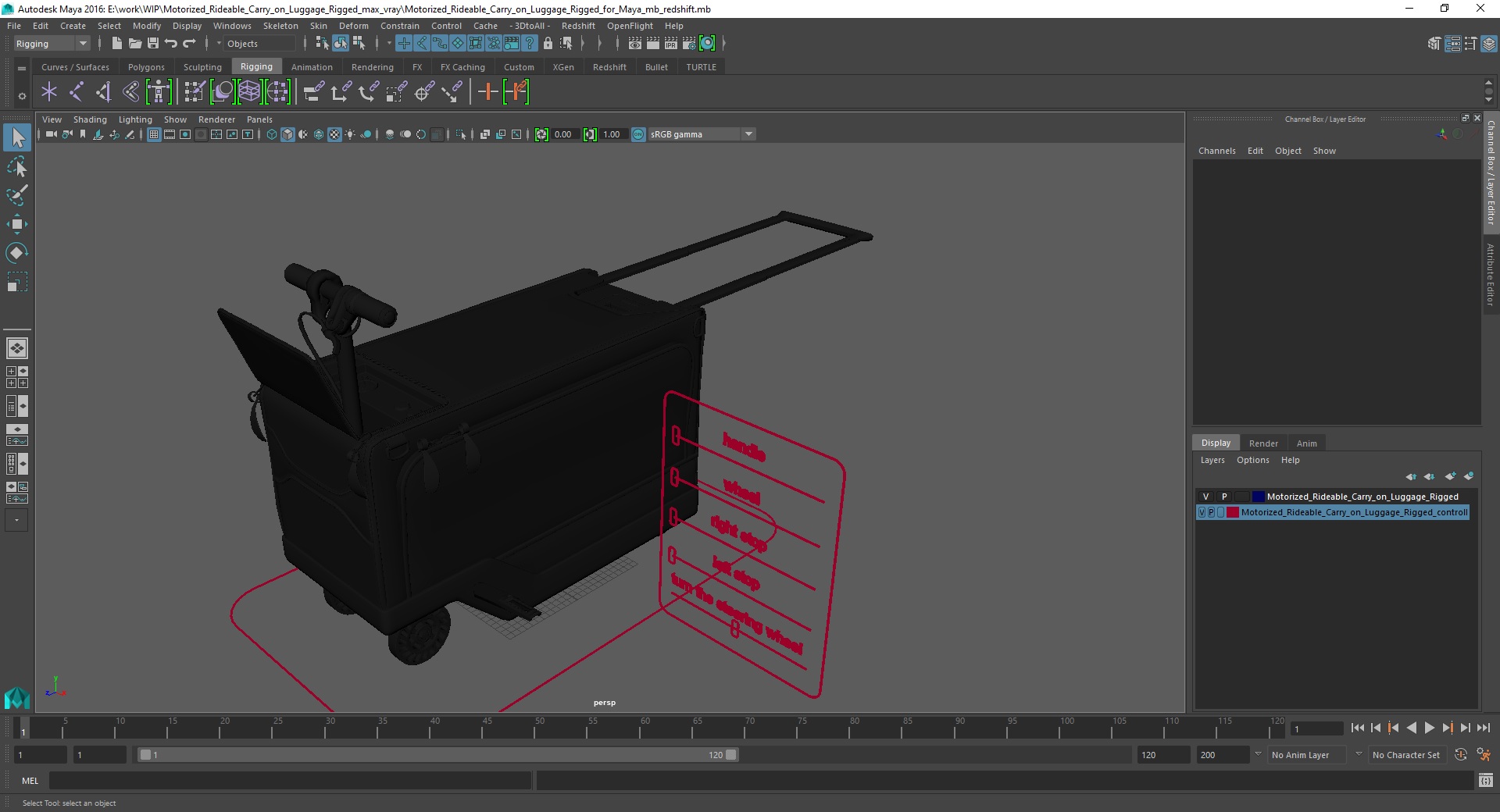 3D Motorized Rideable Carry on Luggage Rigged for Maya