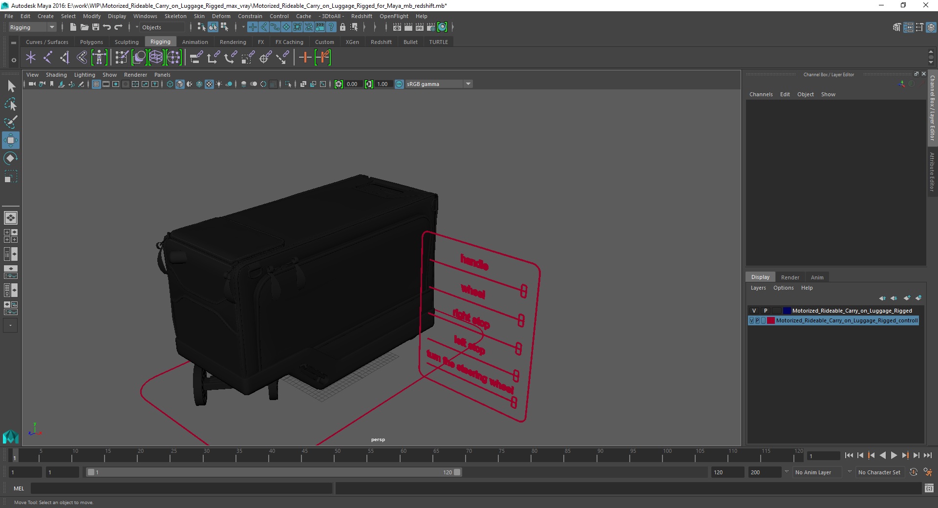 3D Motorized Rideable Carry on Luggage Rigged for Maya