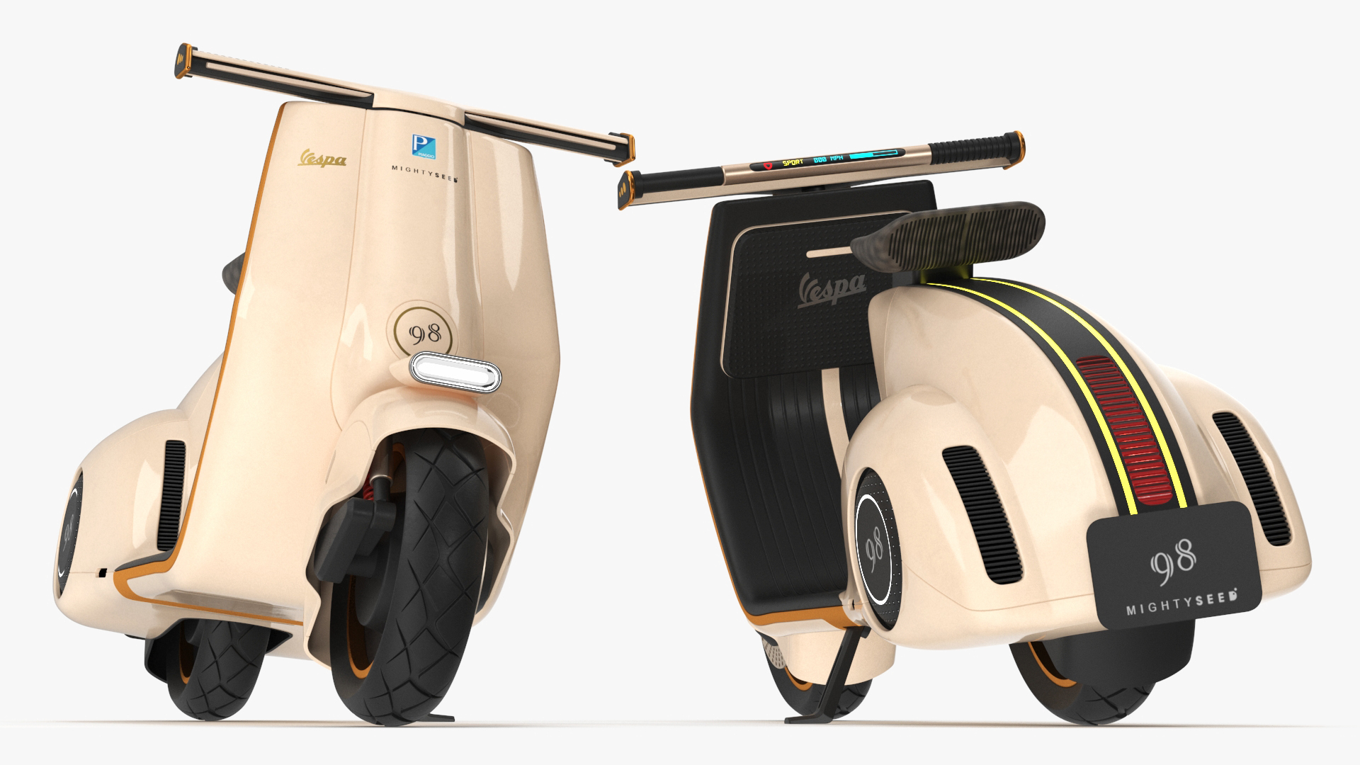 3D model Modern Beige Electric Scooter Vespa 98 Parked Lights On