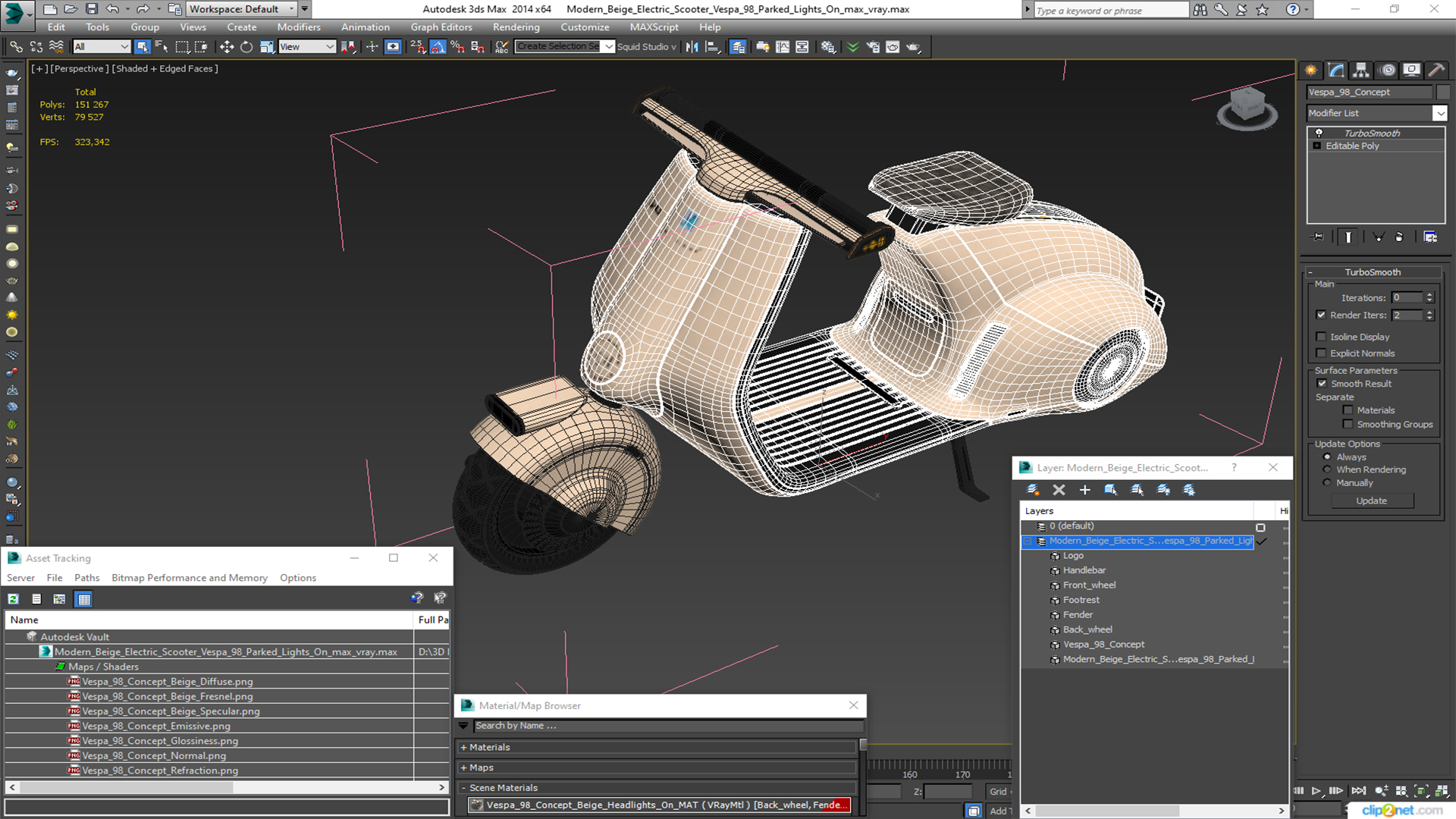 3D model Modern Beige Electric Scooter Vespa 98 Parked Lights On