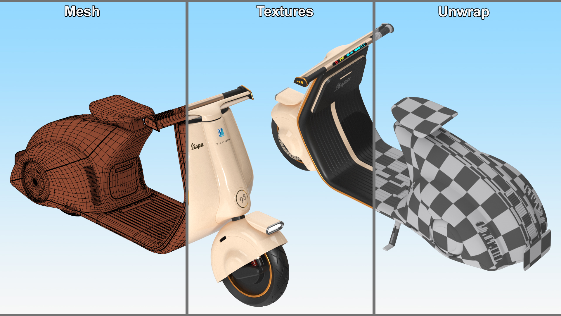 3D model Modern Beige Electric Scooter Vespa 98 Parked Lights On
