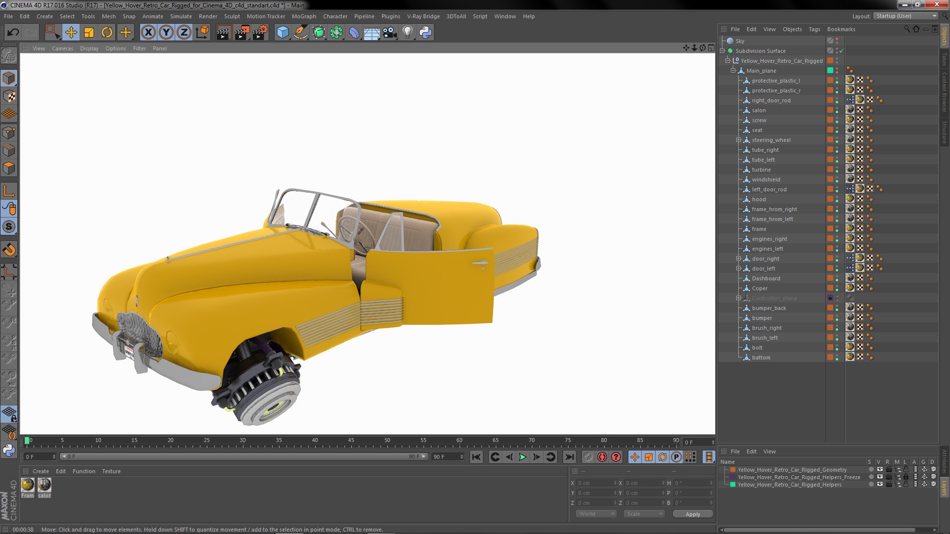 3D Yellow Hover Retro Car Rigged for Cinema 4D model