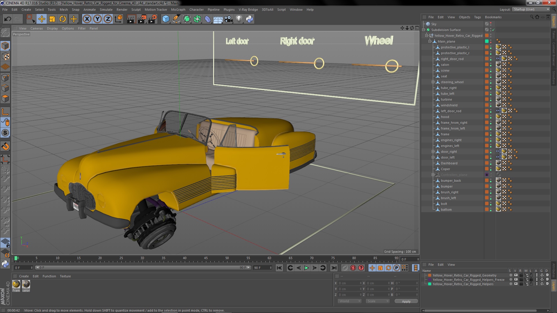 3D Yellow Hover Retro Car Rigged for Cinema 4D model