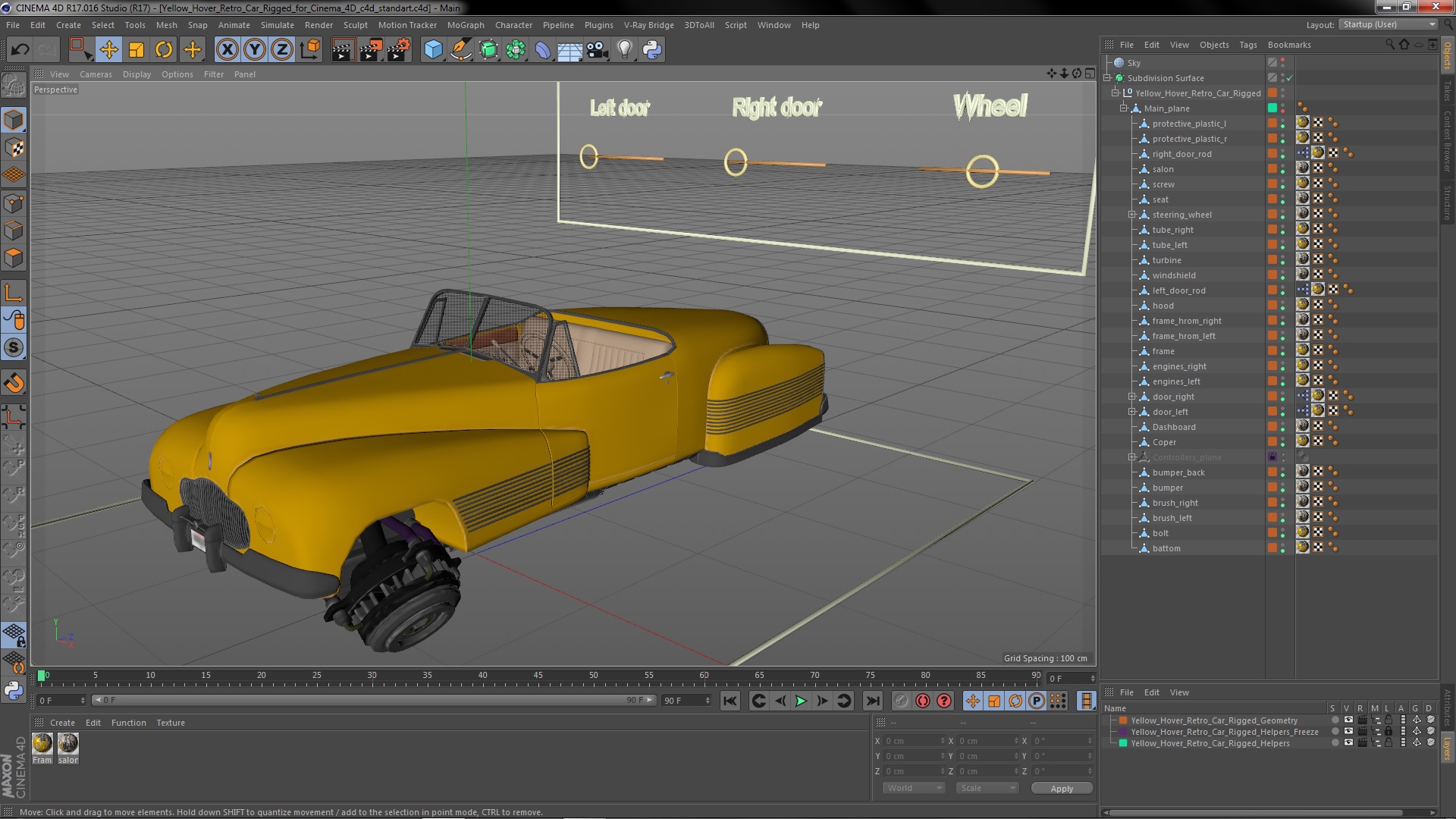 3D Yellow Hover Retro Car Rigged for Cinema 4D model