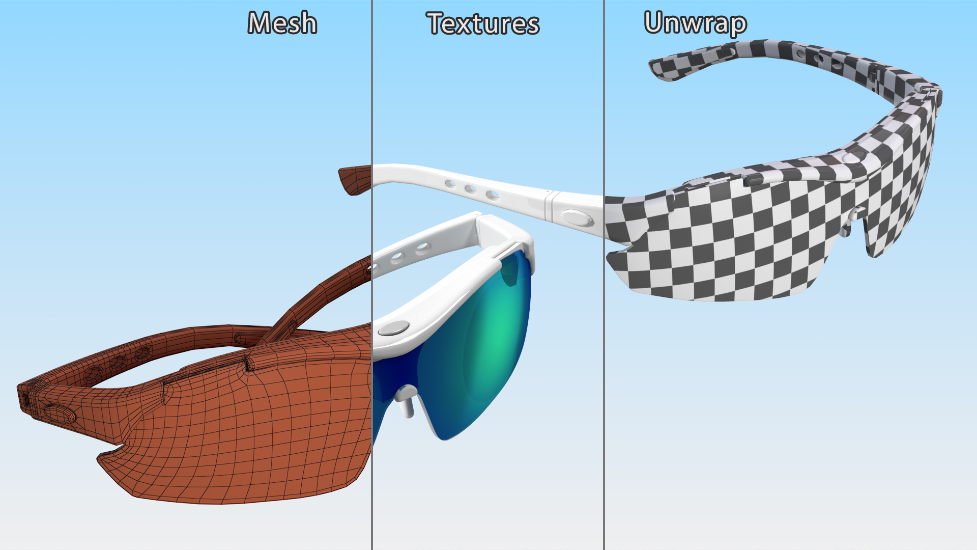 3D Pair of White Cycling Sunglasses with Blue Gradient Lenses model