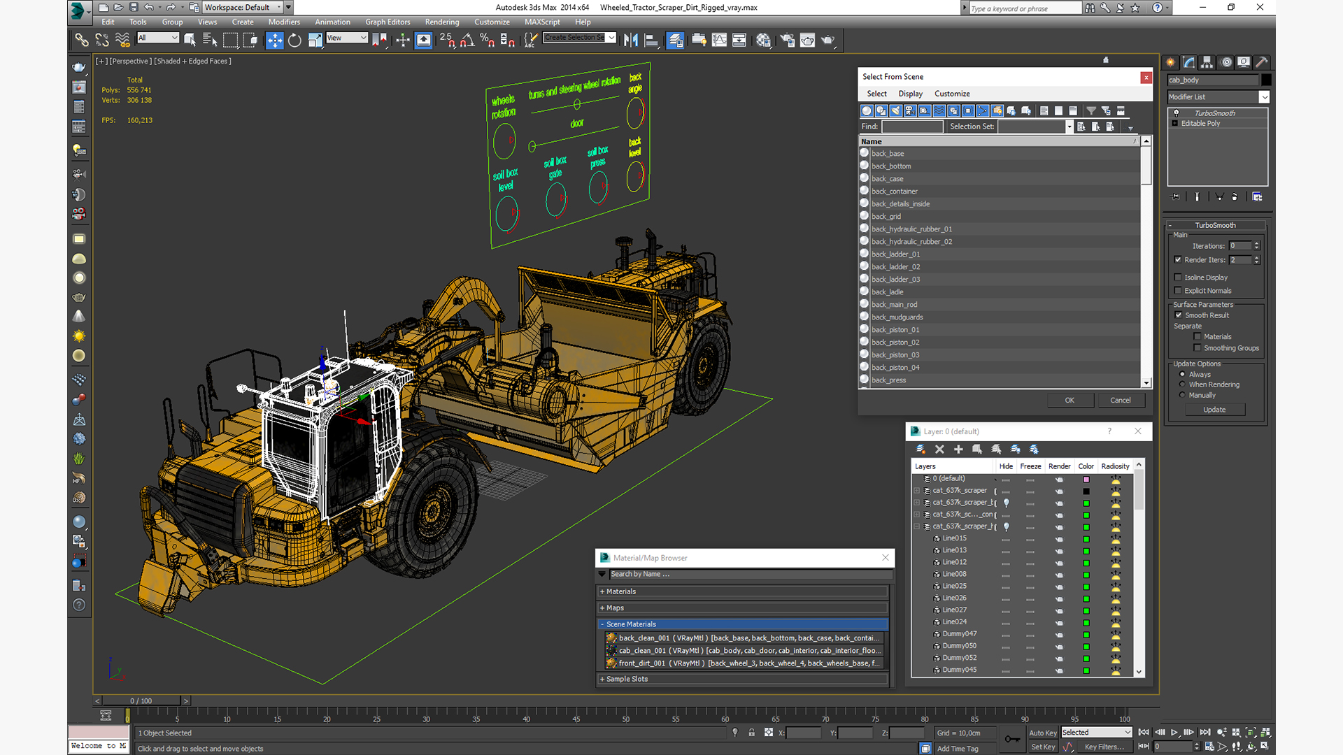 3D model Wheeled Tractor Scraper Dirt Rigged