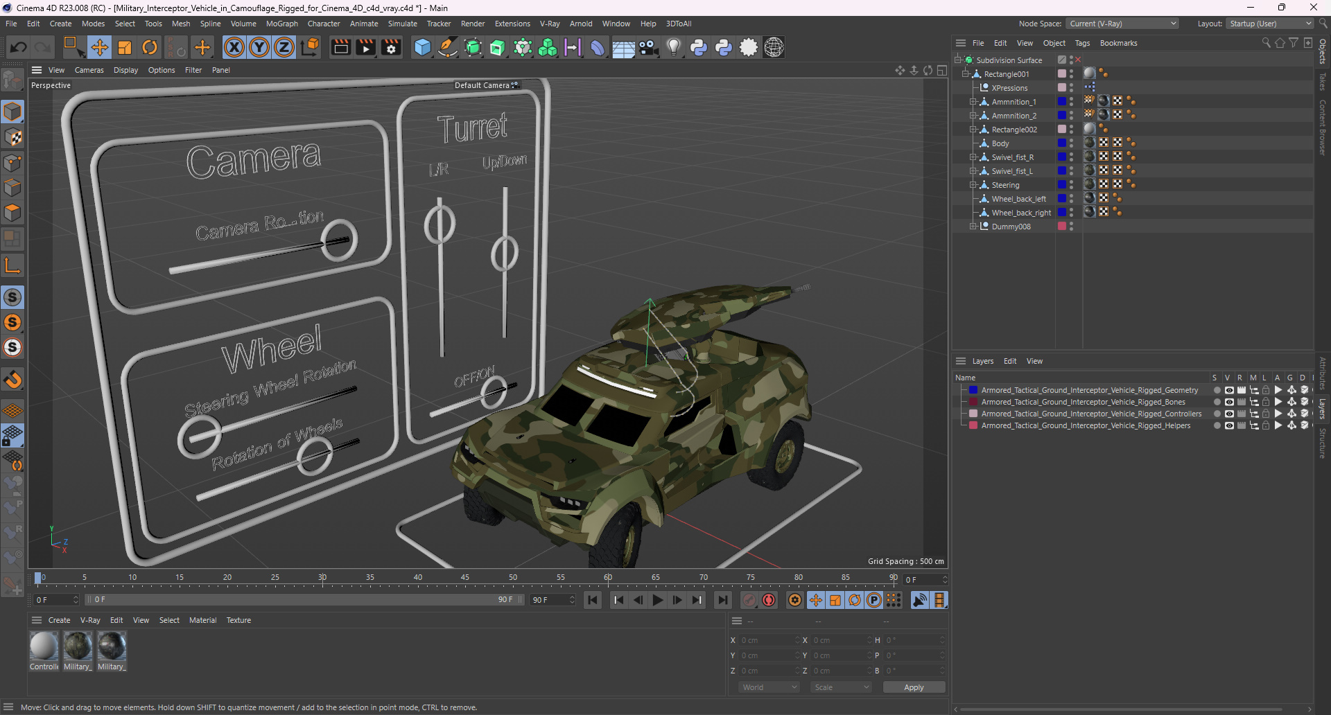 3D Military Interceptor Vehicle in Camouflage Rigged for Cinema 4D model