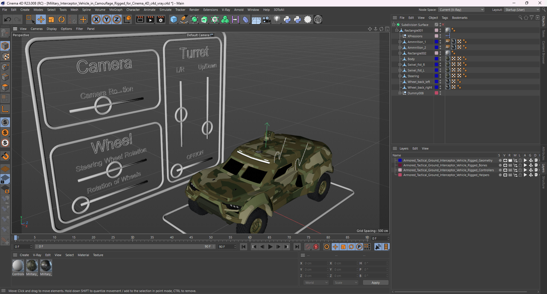 3D Military Interceptor Vehicle in Camouflage Rigged for Cinema 4D model