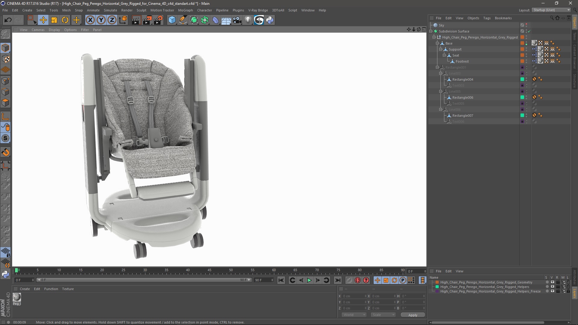 3D High Chair Peg Perego Horizontal Grey Rigged for Cinema 4D model