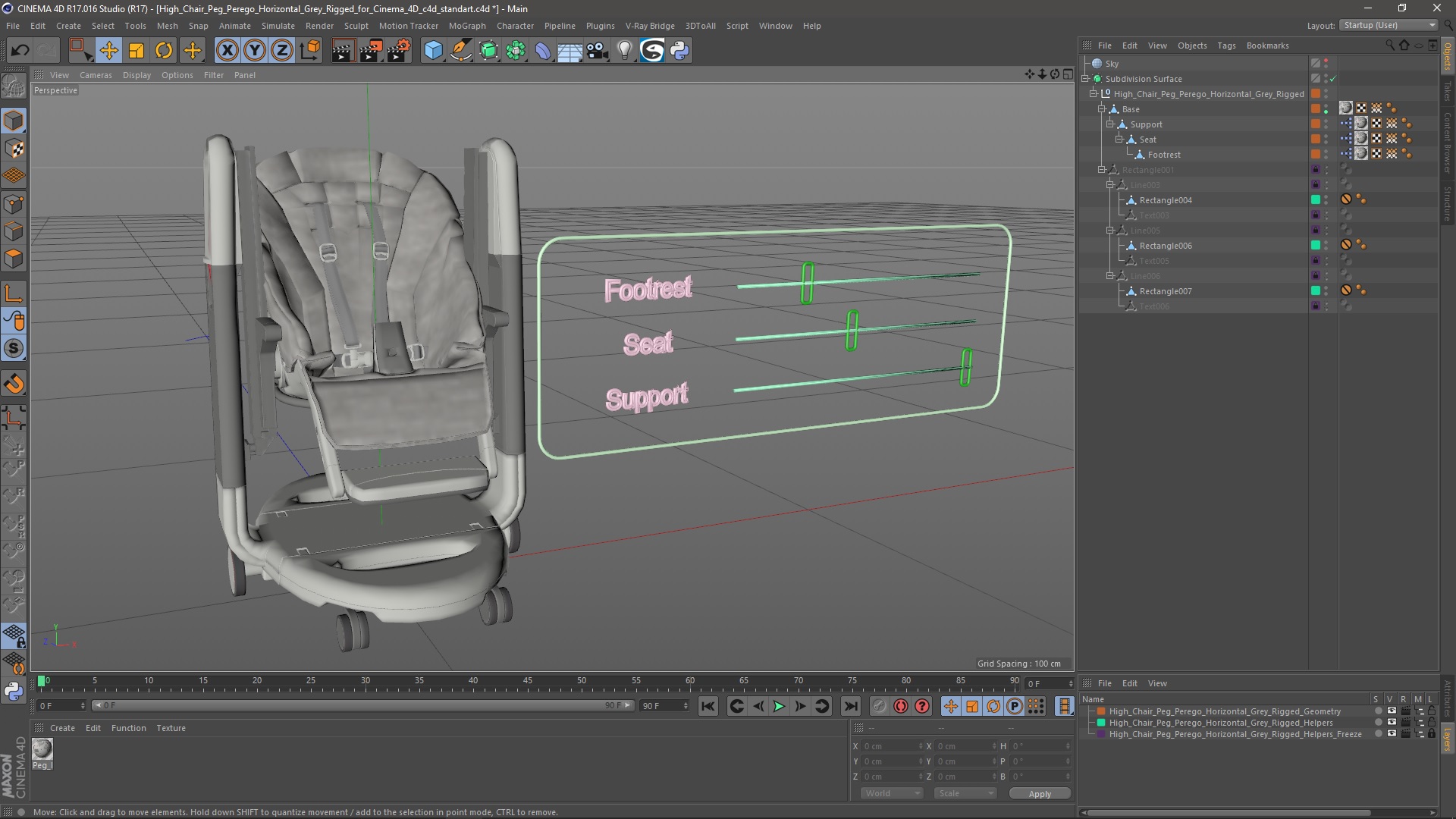 3D High Chair Peg Perego Horizontal Grey Rigged for Cinema 4D model