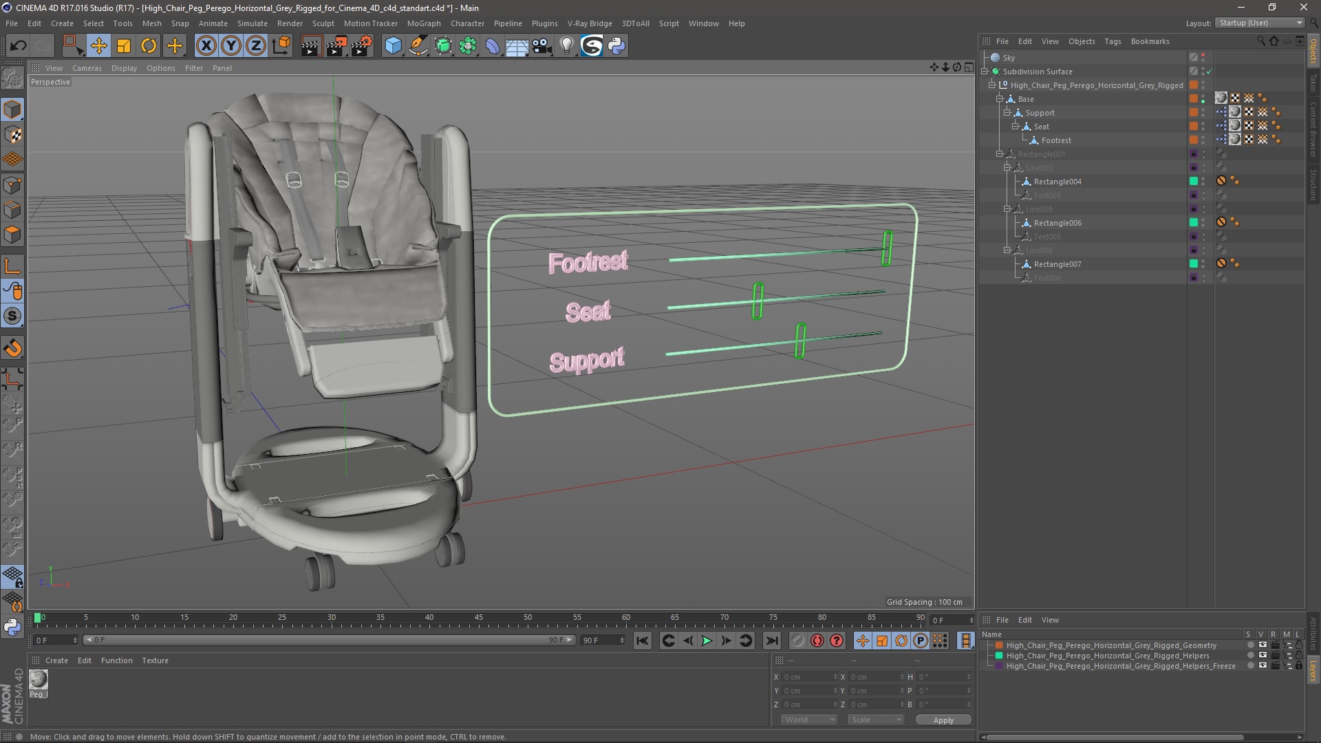 3D High Chair Peg Perego Horizontal Grey Rigged for Cinema 4D model