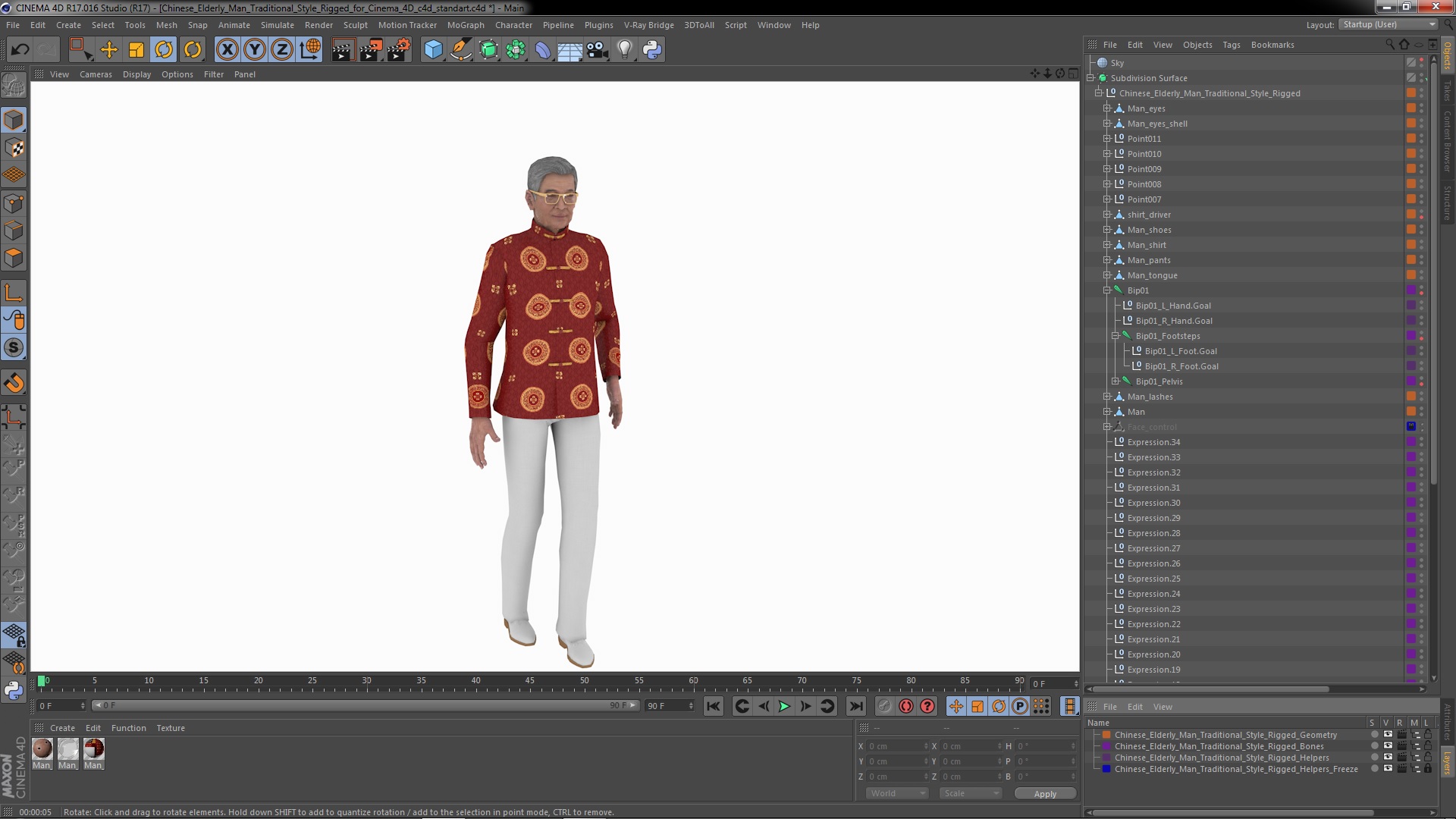 3D Chinese Elderly Man Traditional Style Rigged for Cinema 4D model