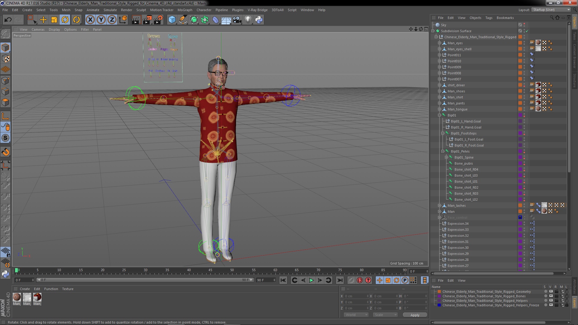 3D Chinese Elderly Man Traditional Style Rigged for Cinema 4D model