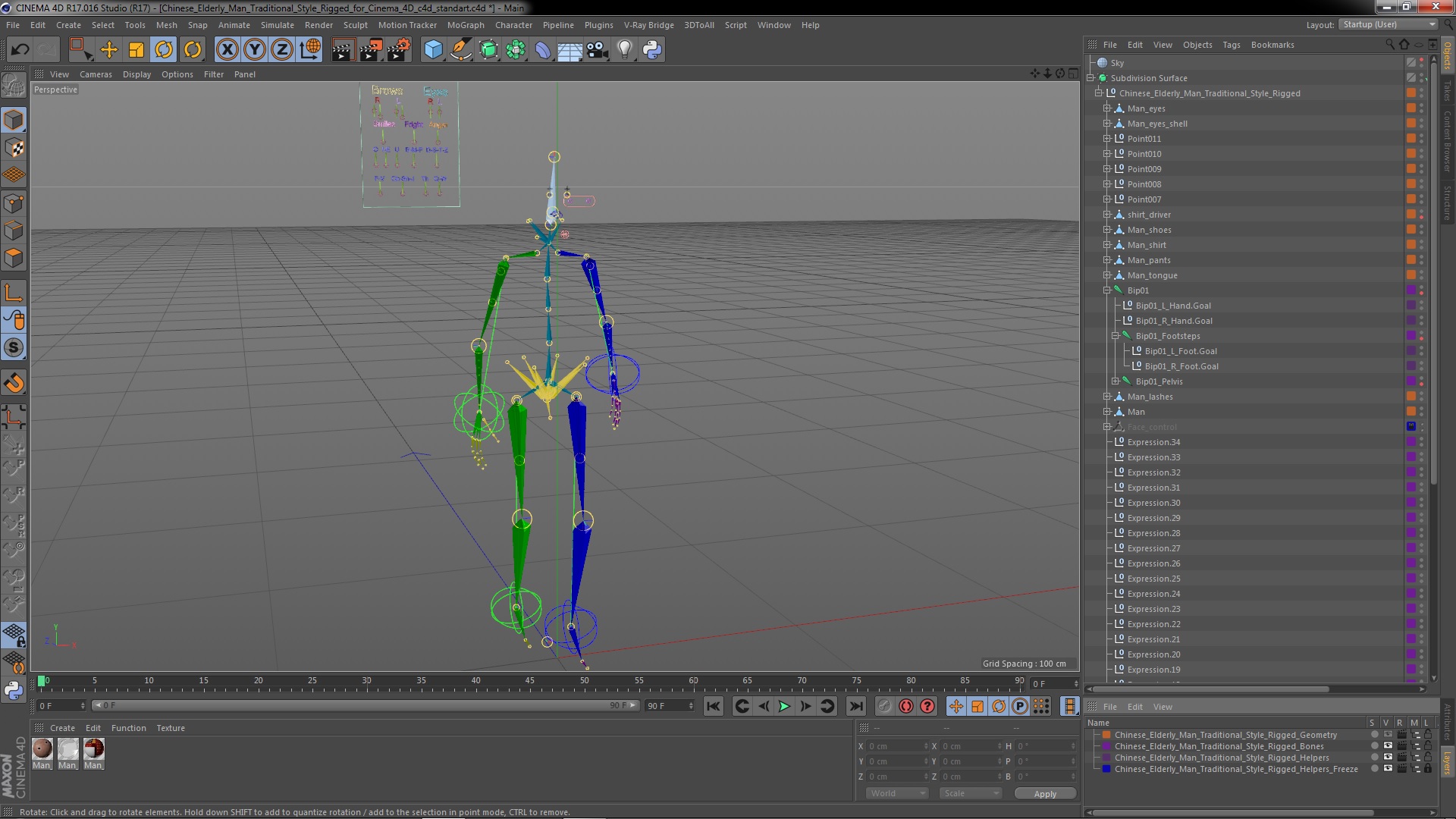 3D Chinese Elderly Man Traditional Style Rigged for Cinema 4D model