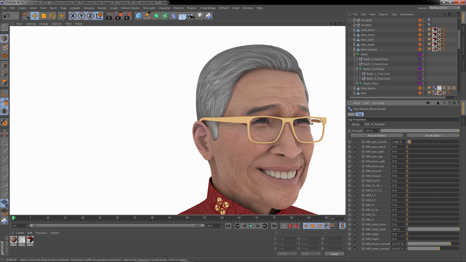 3D Chinese Elderly Man Traditional Style Rigged for Cinema 4D model