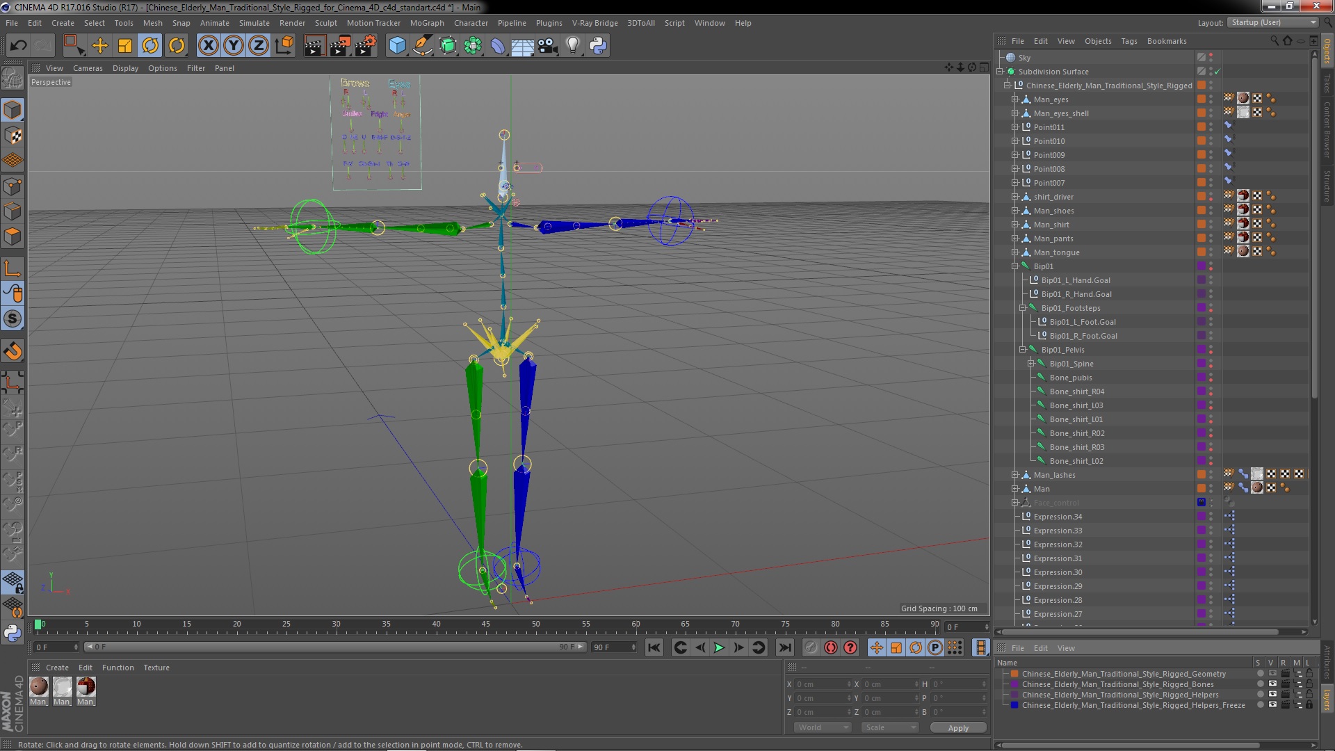 3D Chinese Elderly Man Traditional Style Rigged for Cinema 4D model